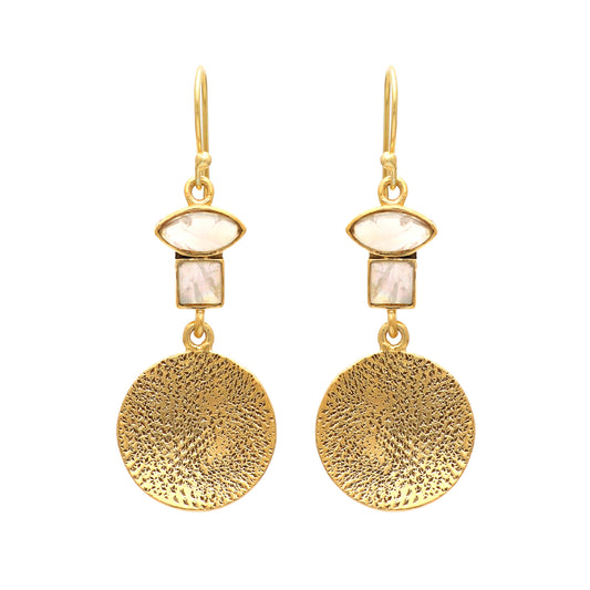 Textured earrings with rainbow moonstone gemstone in gold plated 925 sterling silver