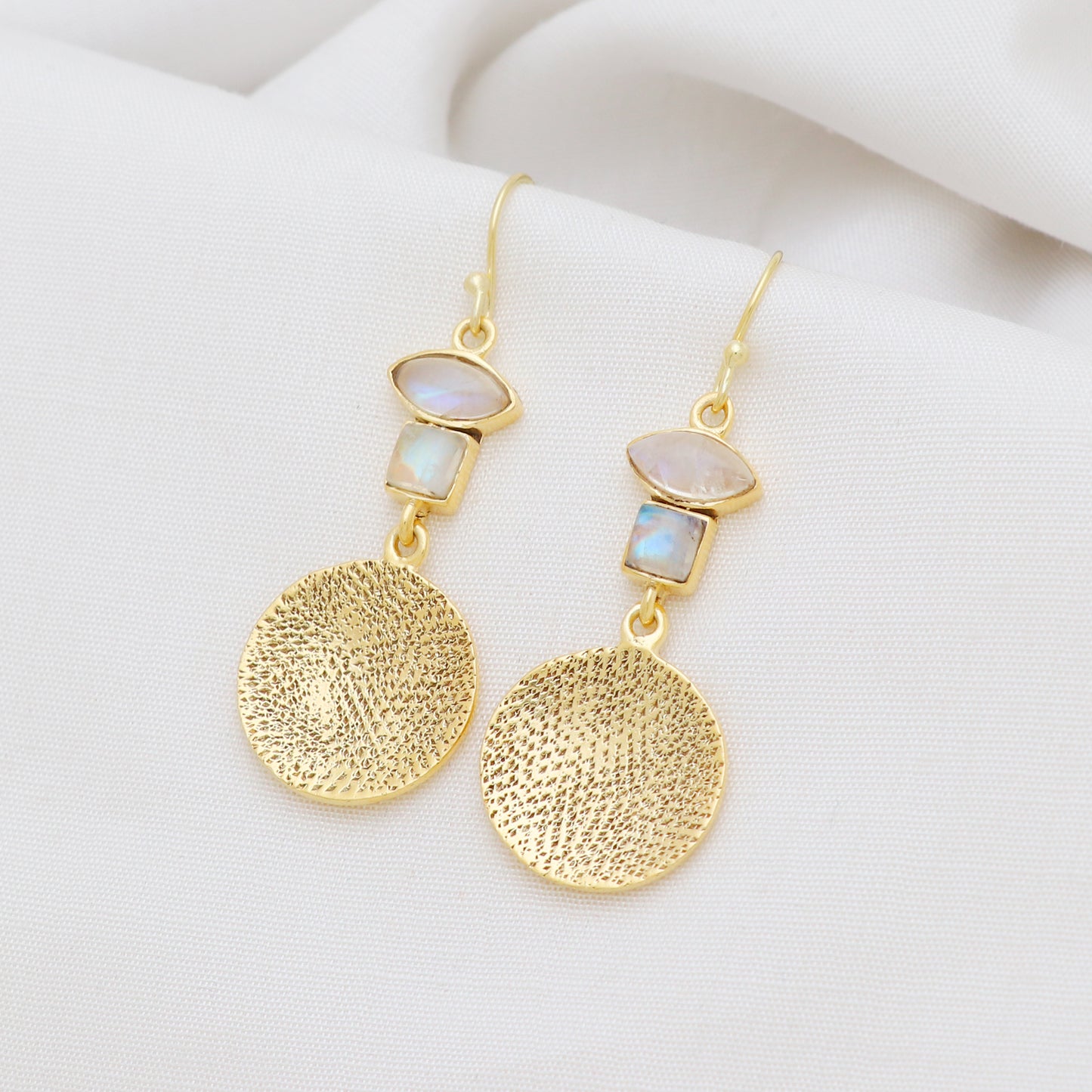 Textured earrings with rainbow moonstone gemstone in gold plated 925 sterling silver