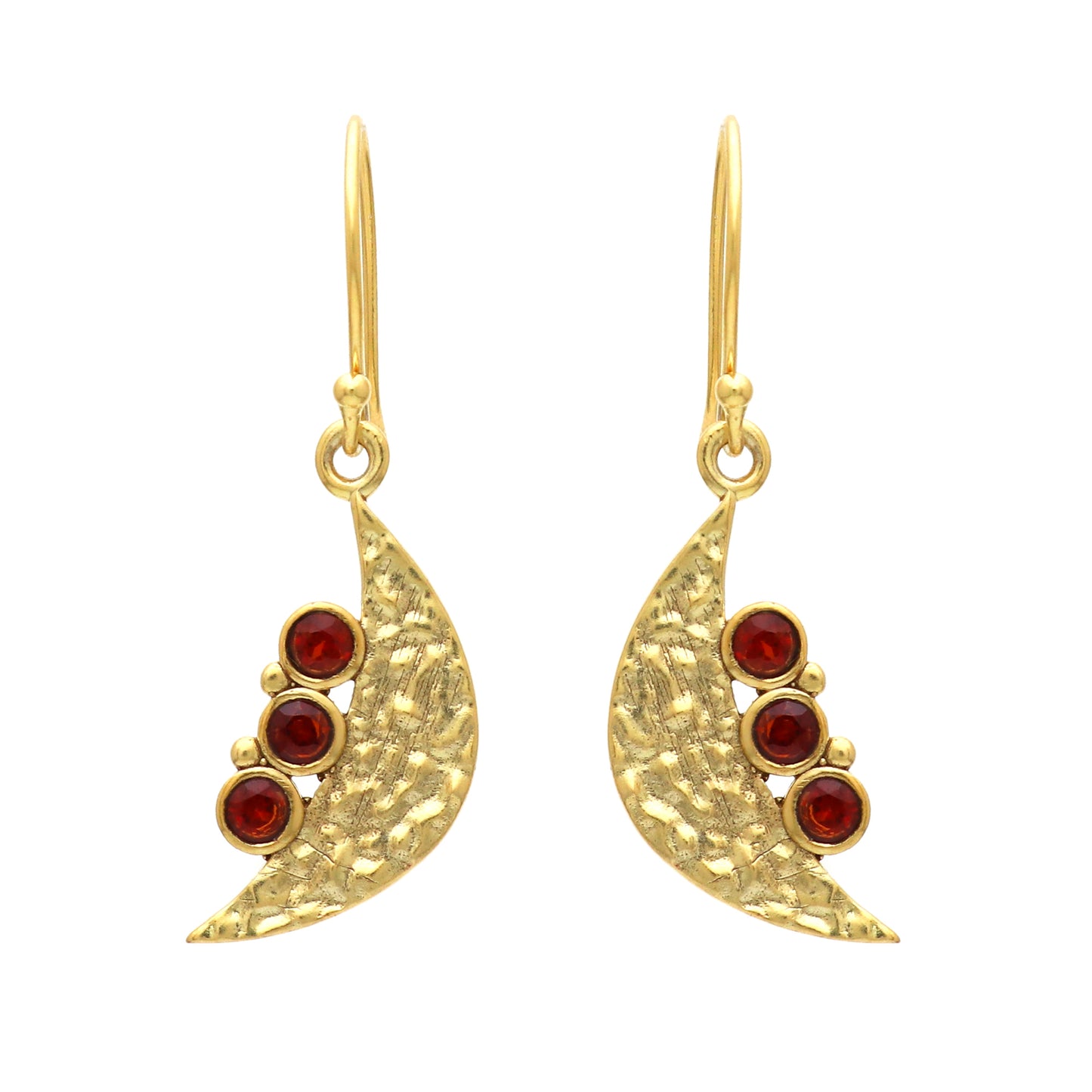 Moon symbol gold plated 925 sterling silver textured earrings with garnet gemstone