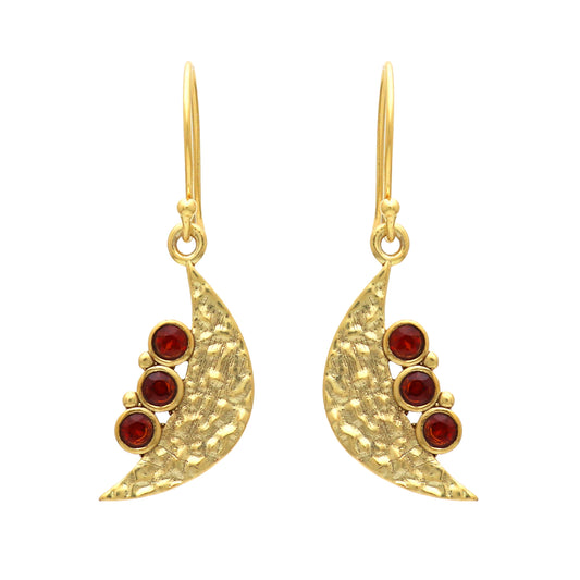 Moon symbol gold plated 925 sterling silver textured earrings with garnet gemstone