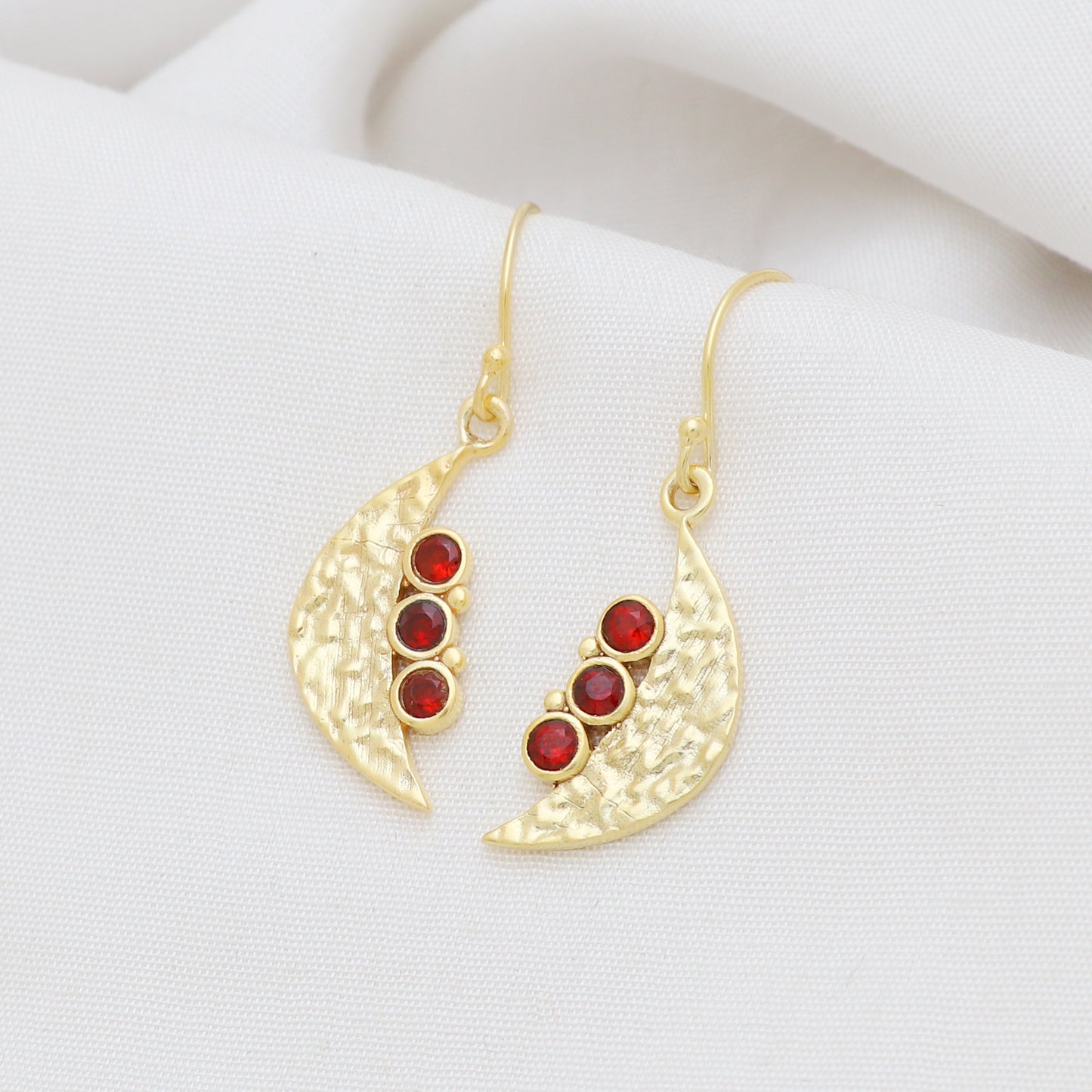 Moon symbol gold plated 925 sterling silver textured earrings with garnet gemstone