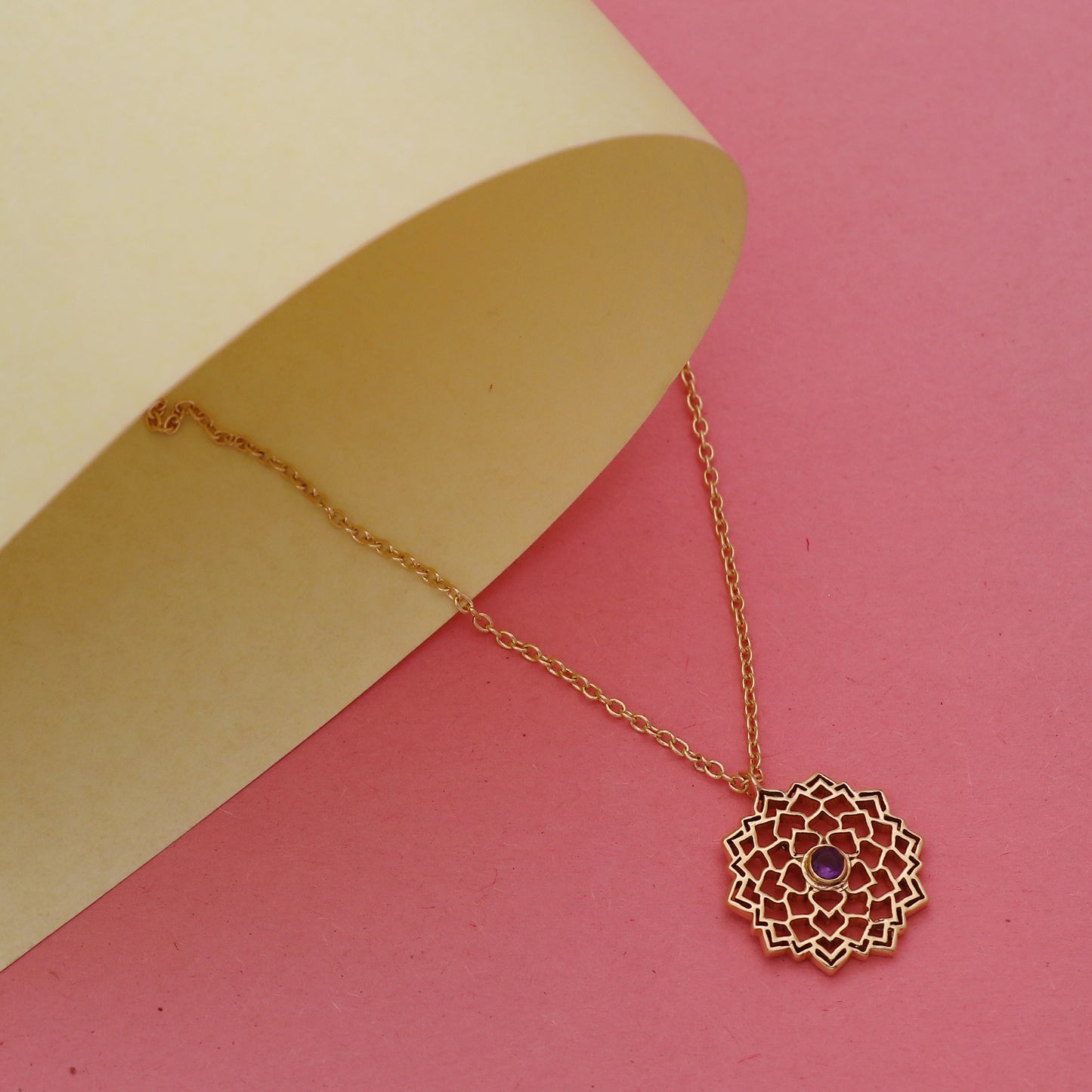 Sahasrara Crown Chakra Charm necklace with Amethyst gemstone in 22k gold plated 925 sterling silver