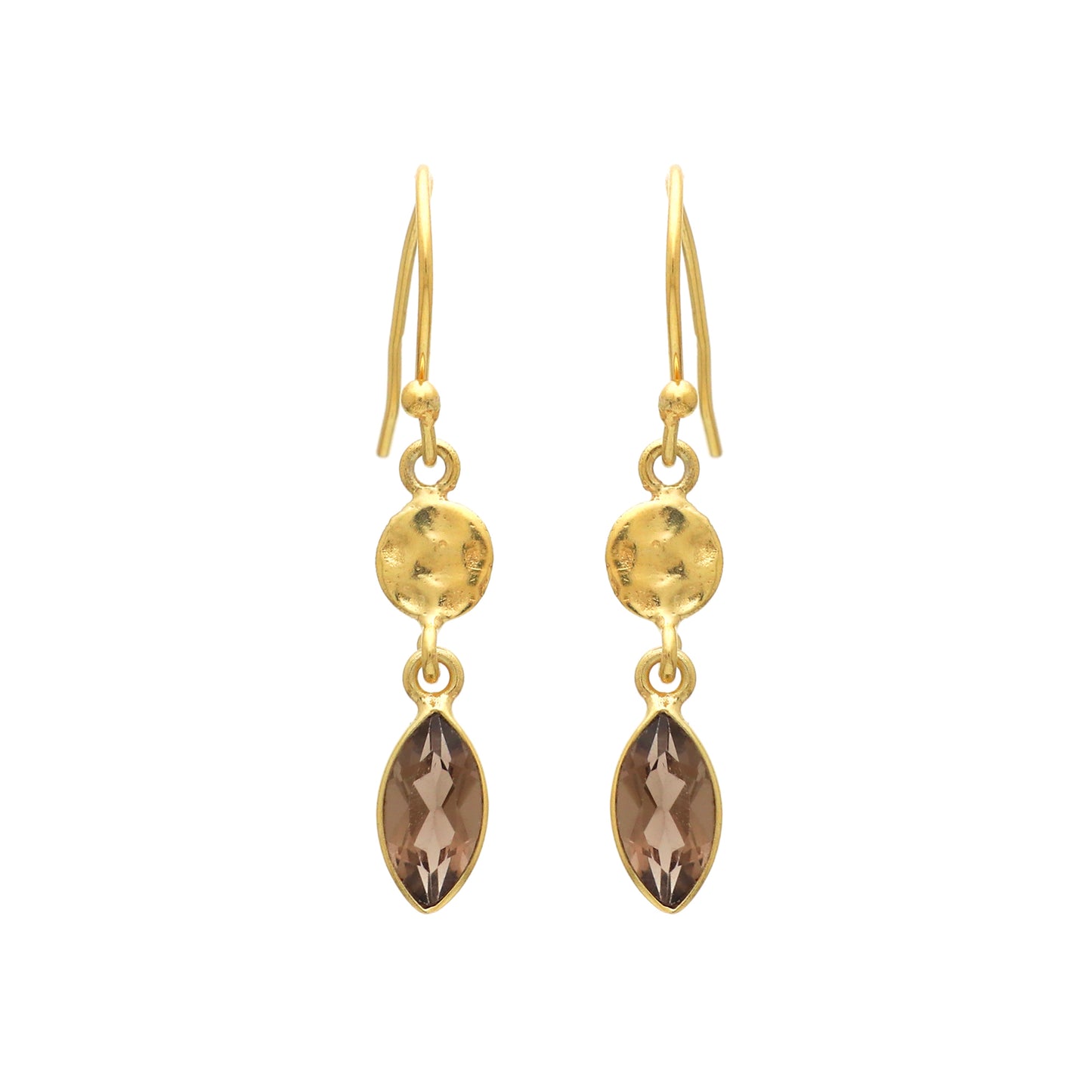 Hammered texture gold plated 925 sterling silver earrings with smoky gemstone