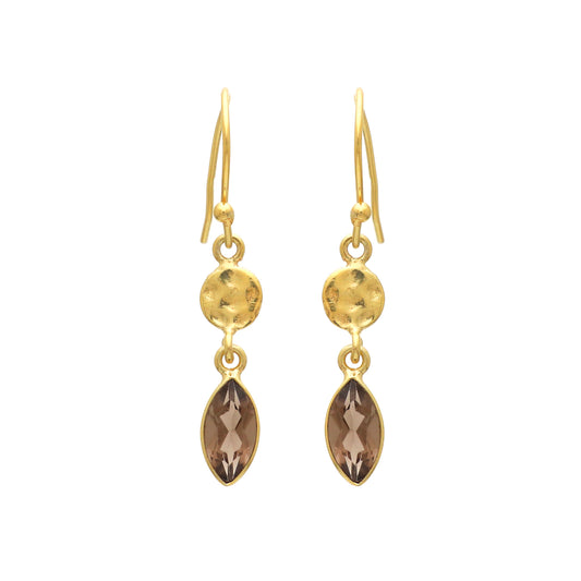 Hammered texture gold plated 925 sterling silver earrings with smoky gemstone
