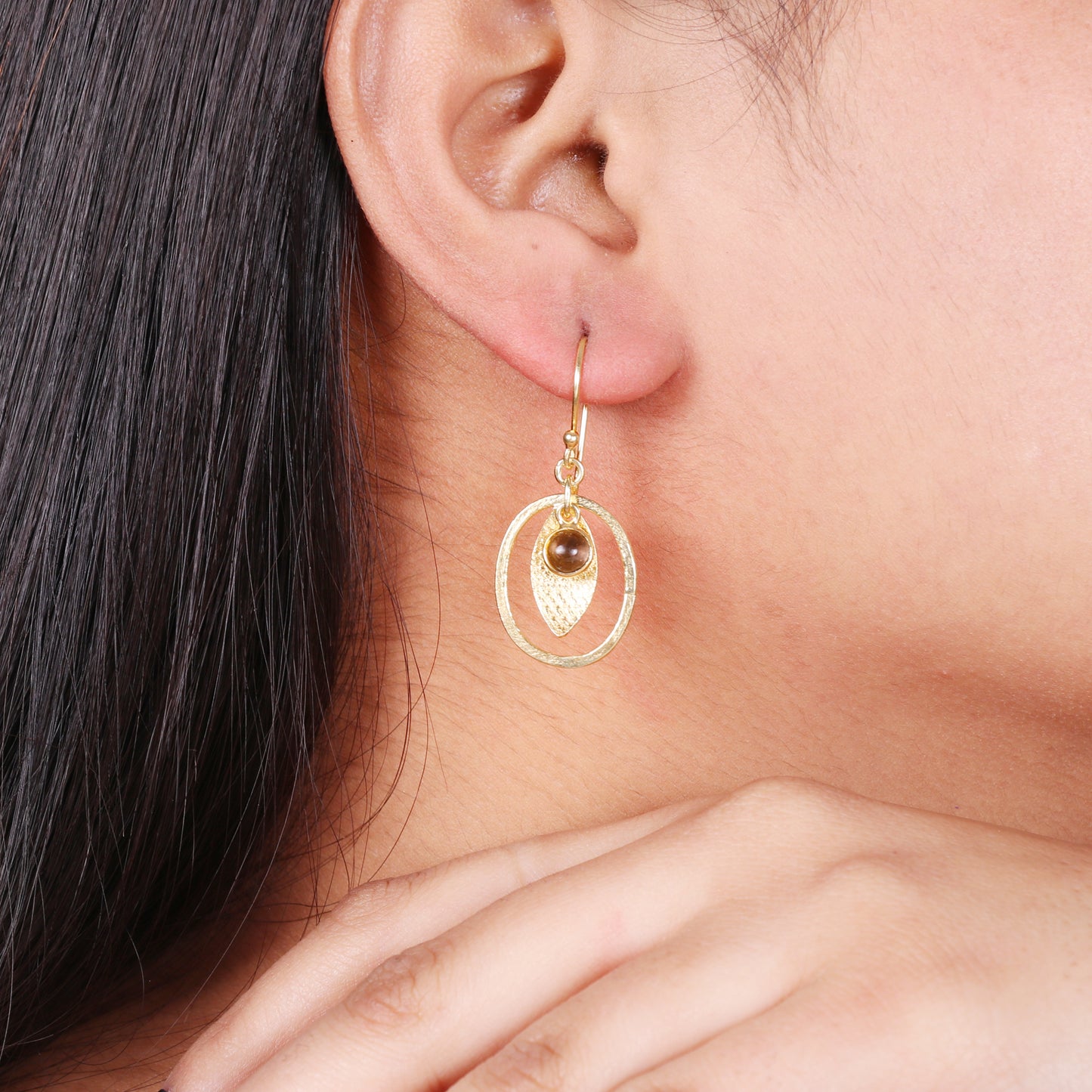 Smoky quartz gemstone textured earring in gold plated 925 sterling silver