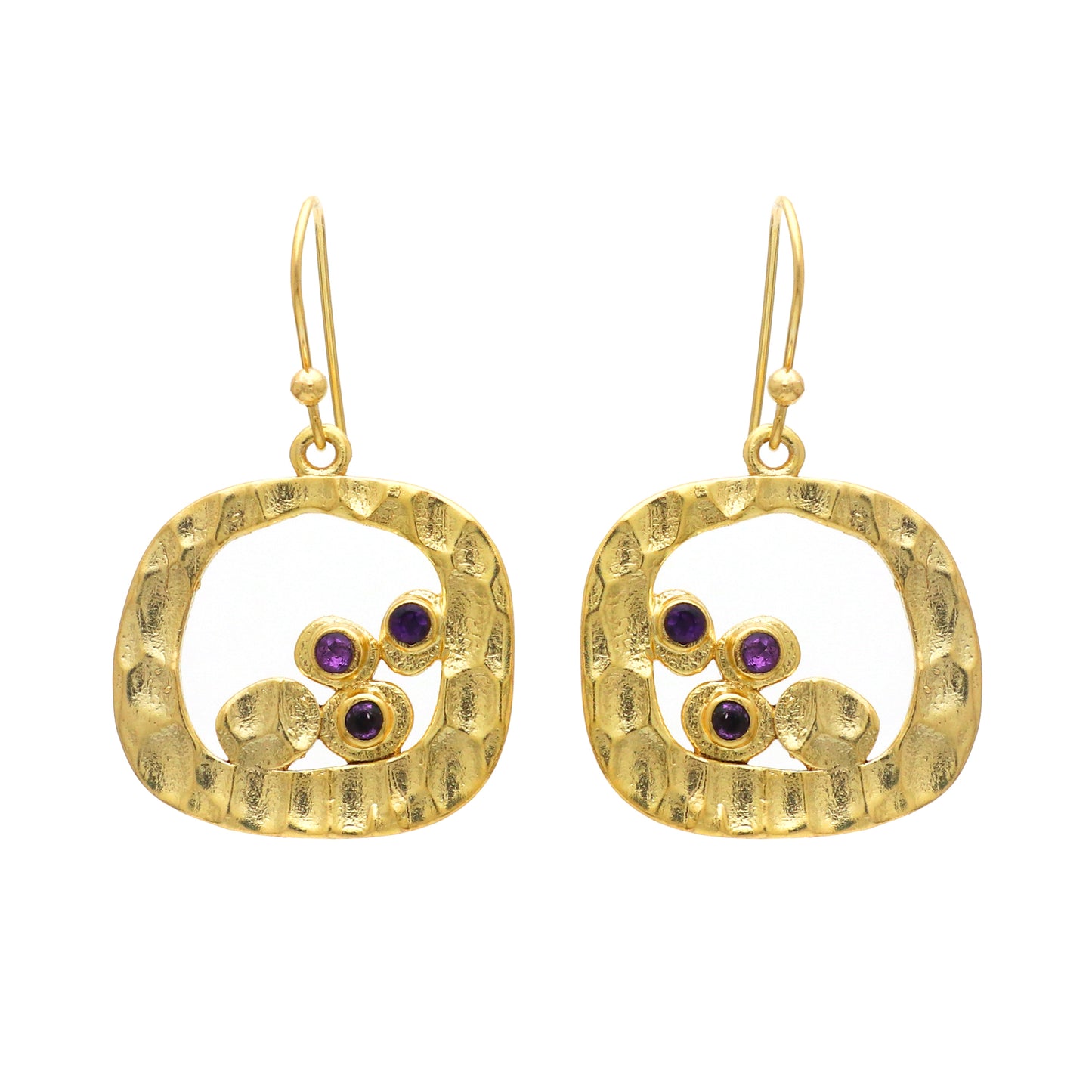 Hammered texture gold plated 925 sterling silver earrings with amethyst gemstone