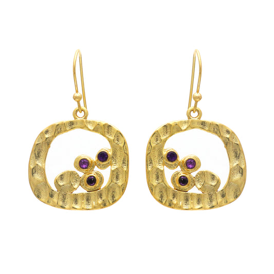 Hammered texture gold plated 925 sterling silver earrings with amethyst gemstone
