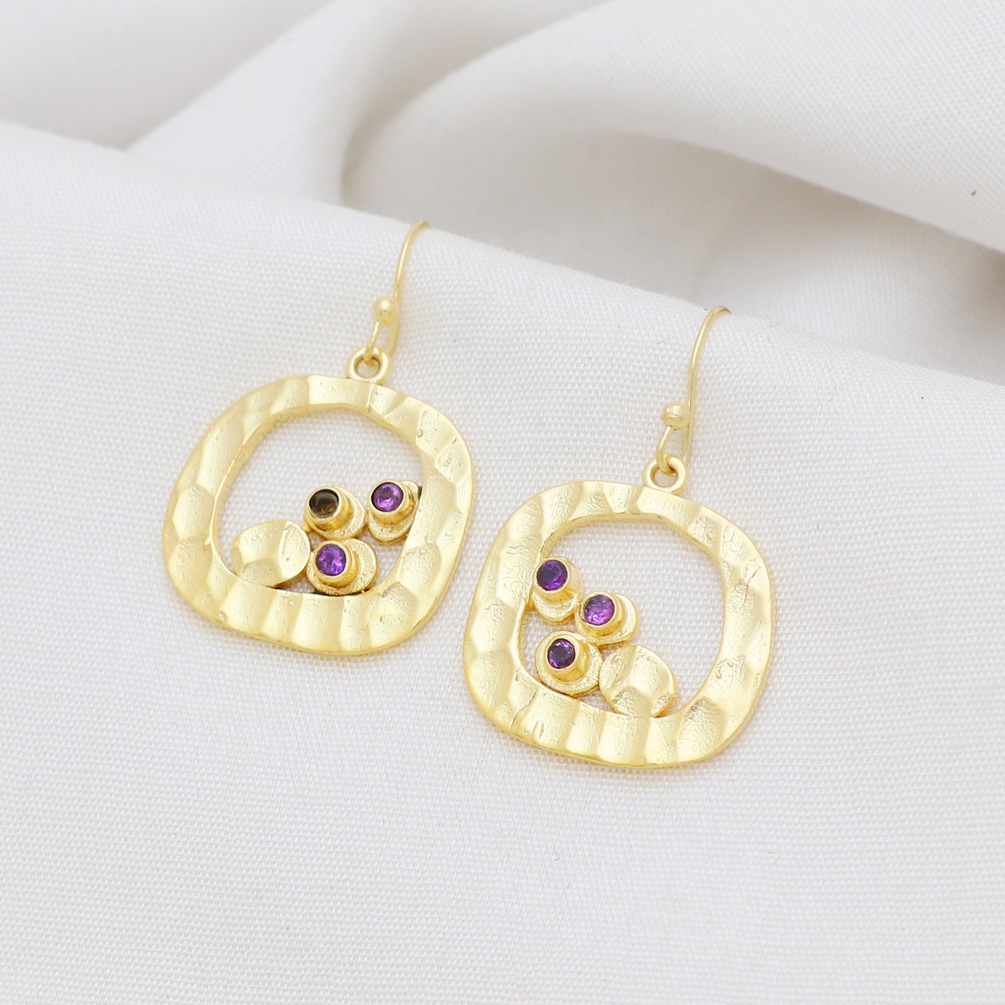Hammered texture gold plated 925 sterling silver earrings with amethyst gemstone
