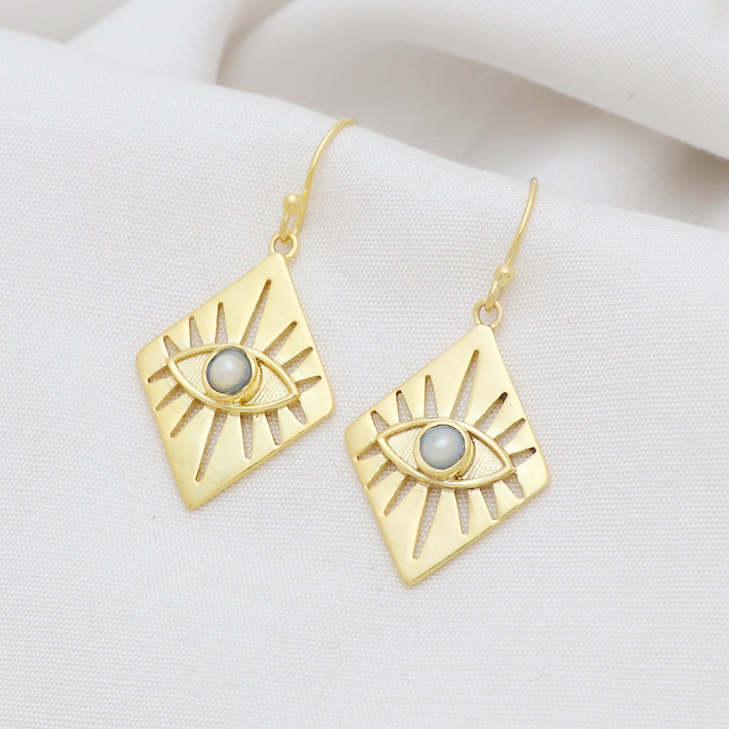 Gold plated evil eye charm 925 sterling silver earrings with pearl gemstone