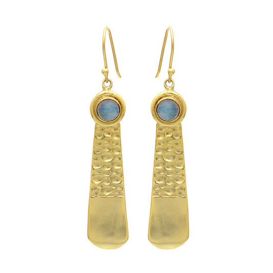 Hammered texture gold plated 925 sterling silver earrings with rainbow moonstone gemstone