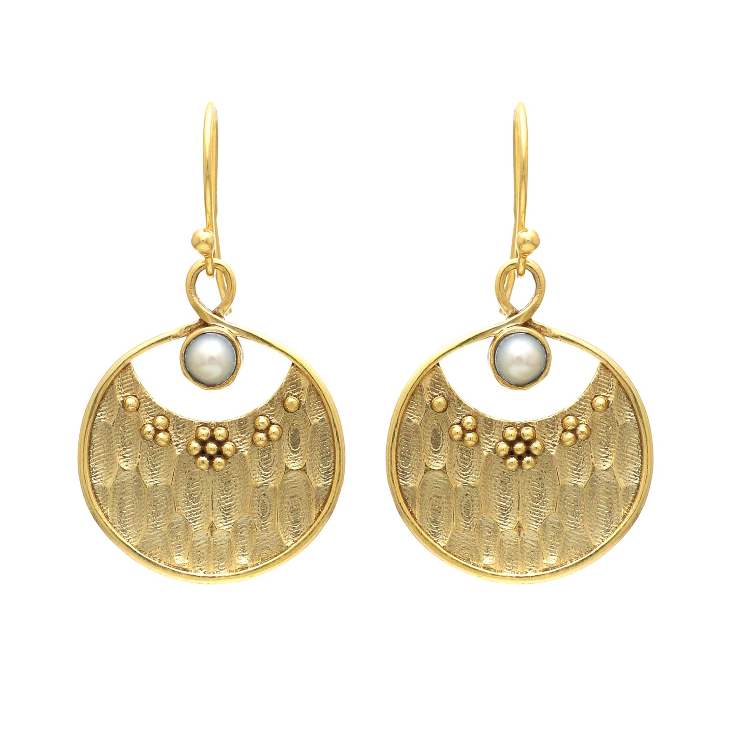 Hammered texture gold plated 925 sterling silver earrings with pearl gemstone