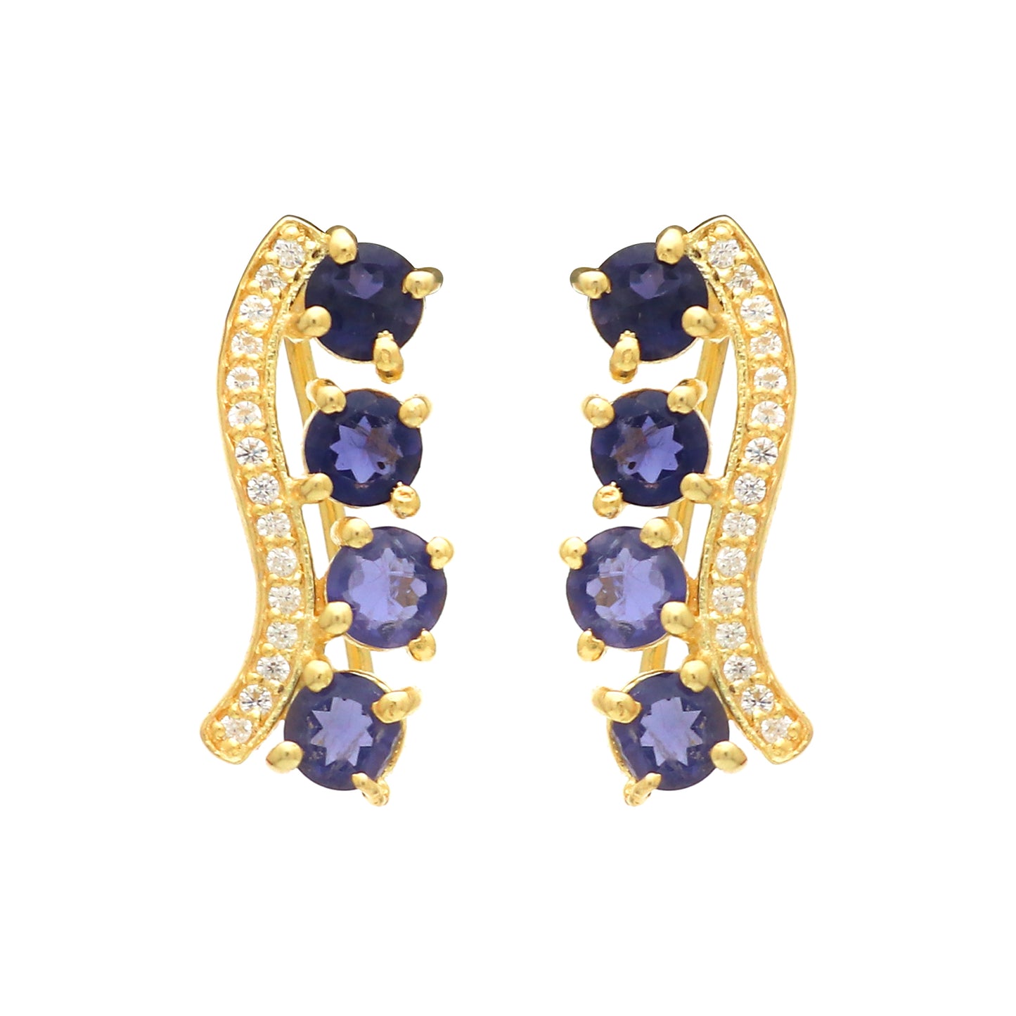 Iolite and zircon gemstone climber earring in 925 gold plated sterling silver