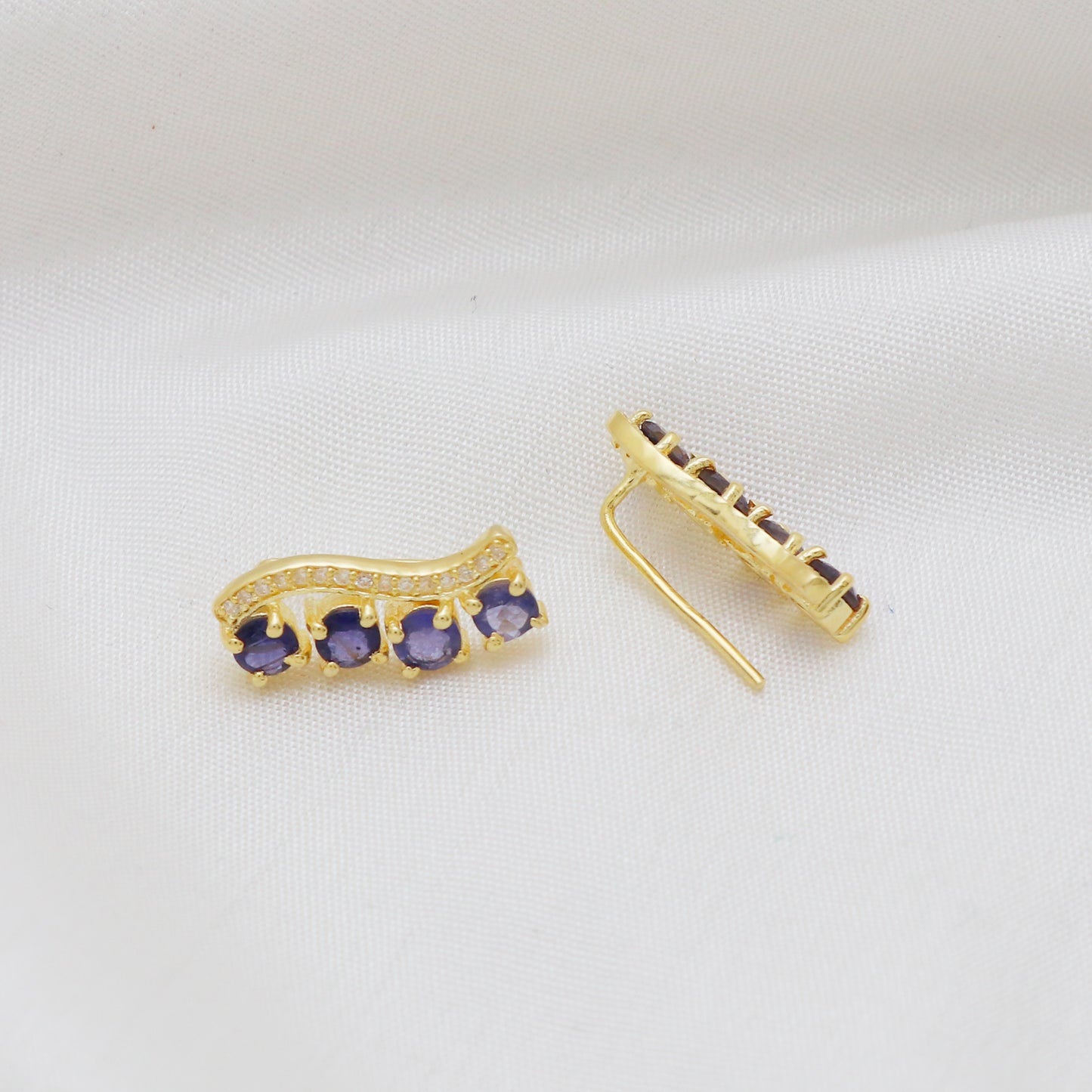Iolite and zircon gemstone climber earring in 925 gold plated sterling silver