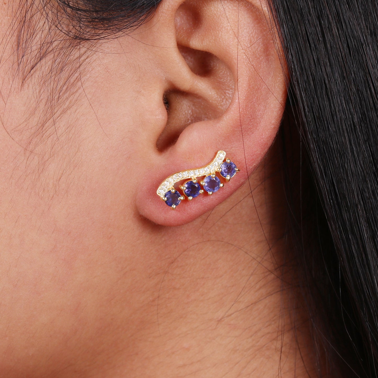 Iolite and zircon gemstone climber earring in 925 gold plated sterling silver