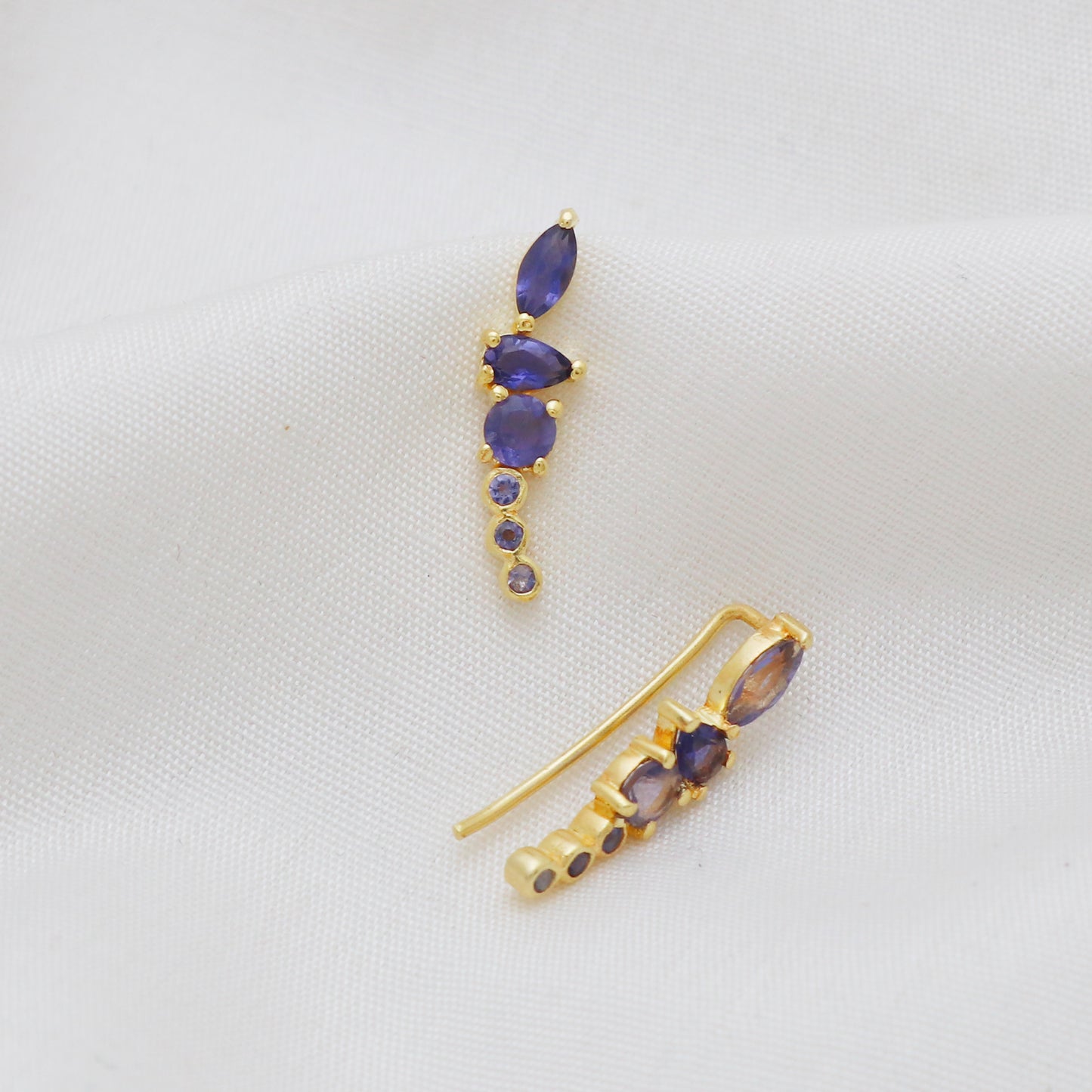 Iolite gemstone climber earring in 925 gold plated sterling silver