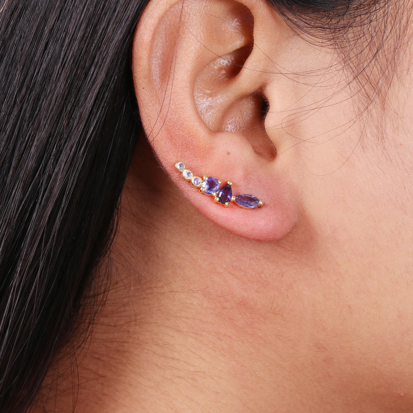 Iolite gemstone climber earring in 925 gold plated sterling silver