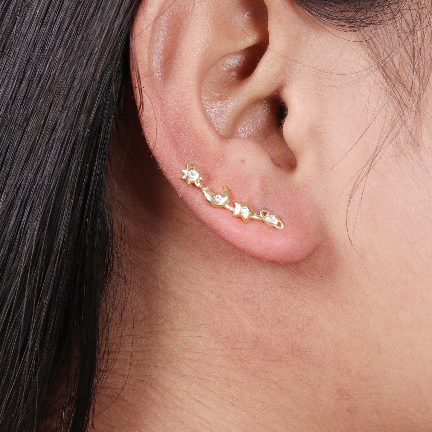 Zircon gemstone four symbol climber earring in 925 gold plated sterling silver