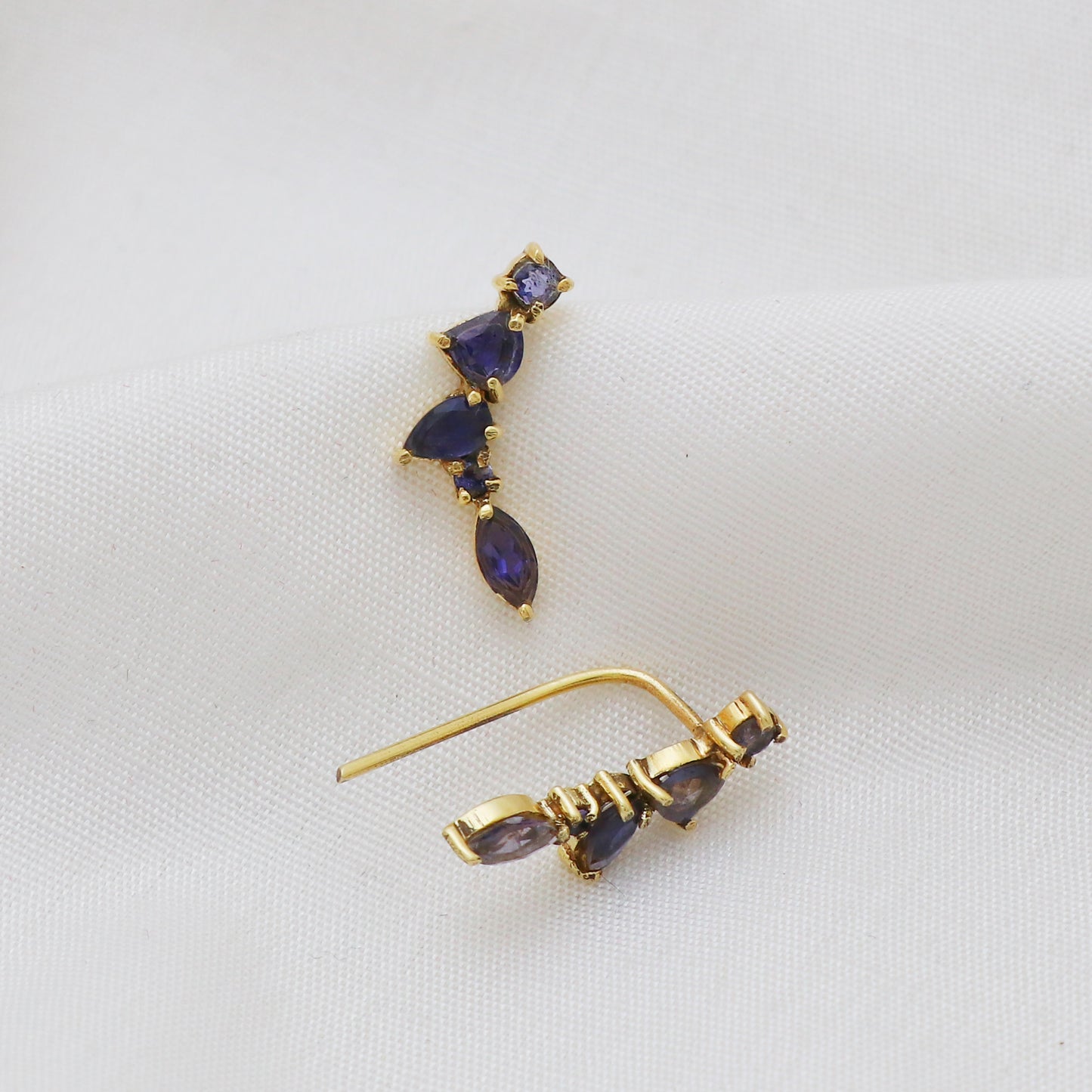 Iolite gemstone climber earring in 925 gold plated sterling silver