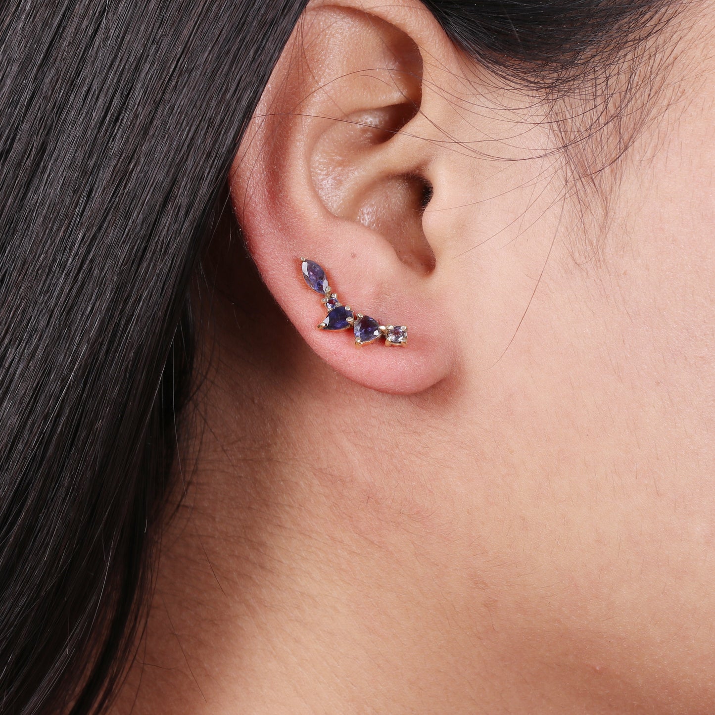 Iolite gemstone climber earring in 925 gold plated sterling silver