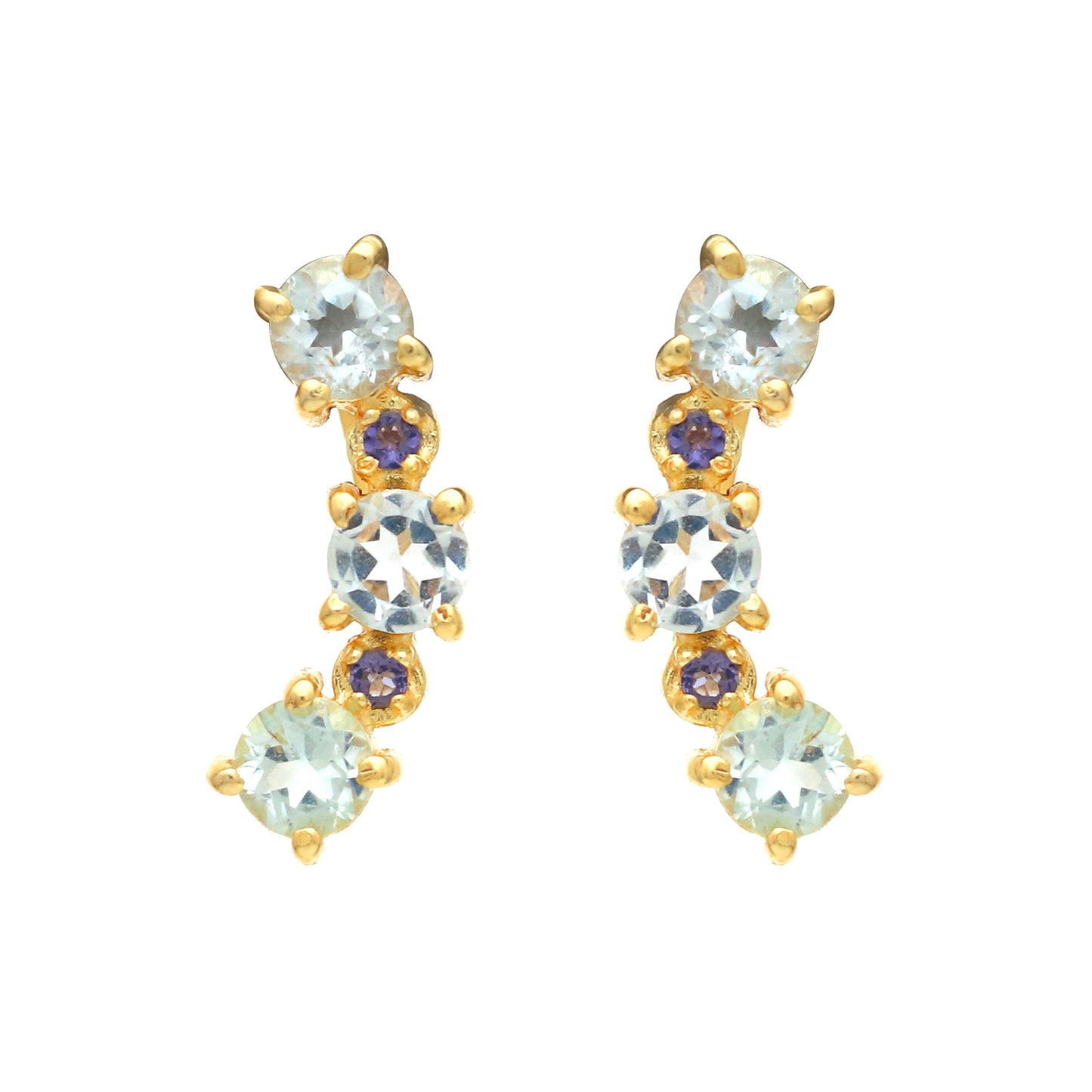 Iolite and blue topaz gemstone climber earring in 925 gold plated sterling silver