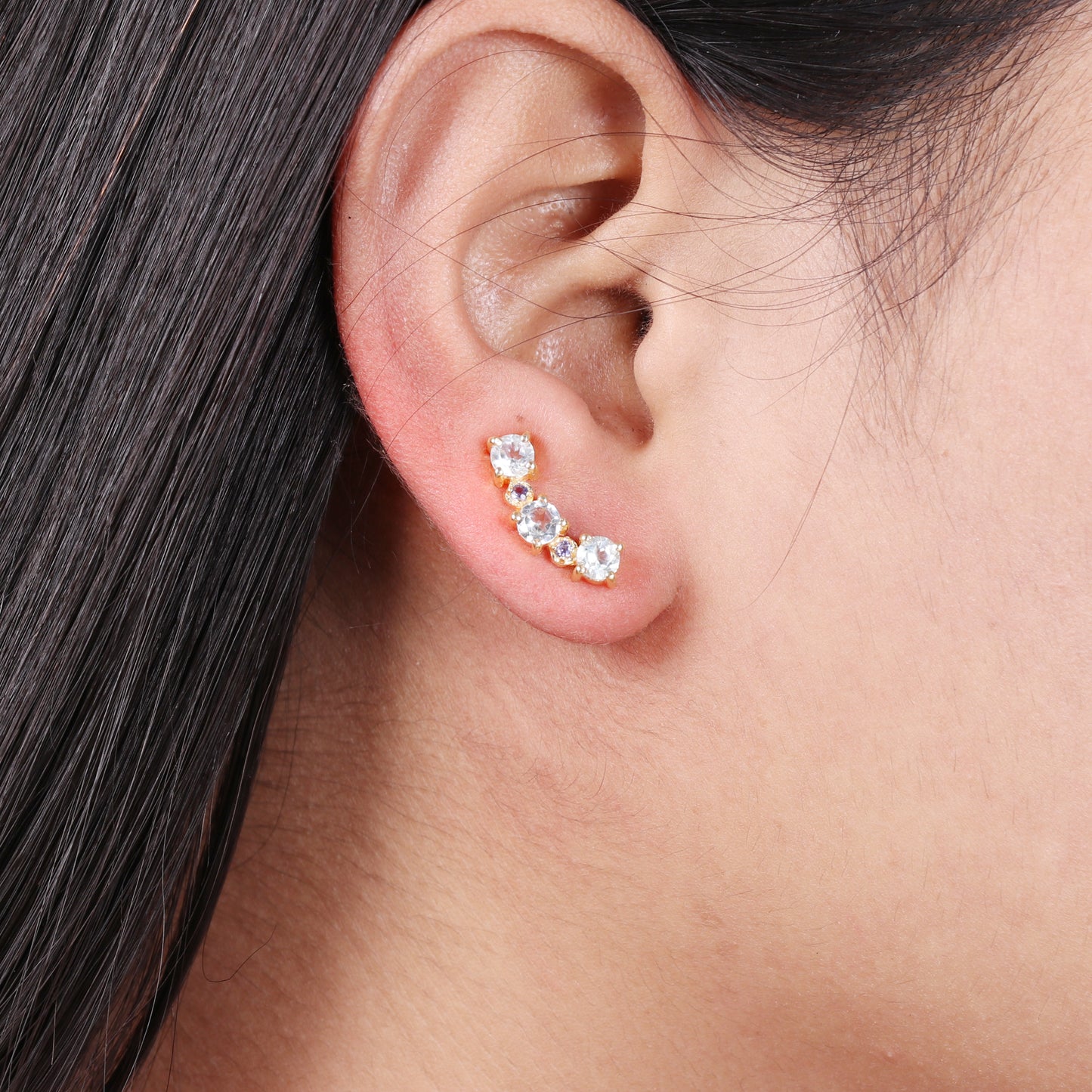 Iolite and blue topaz gemstone climber earring in 925 gold plated sterling silver