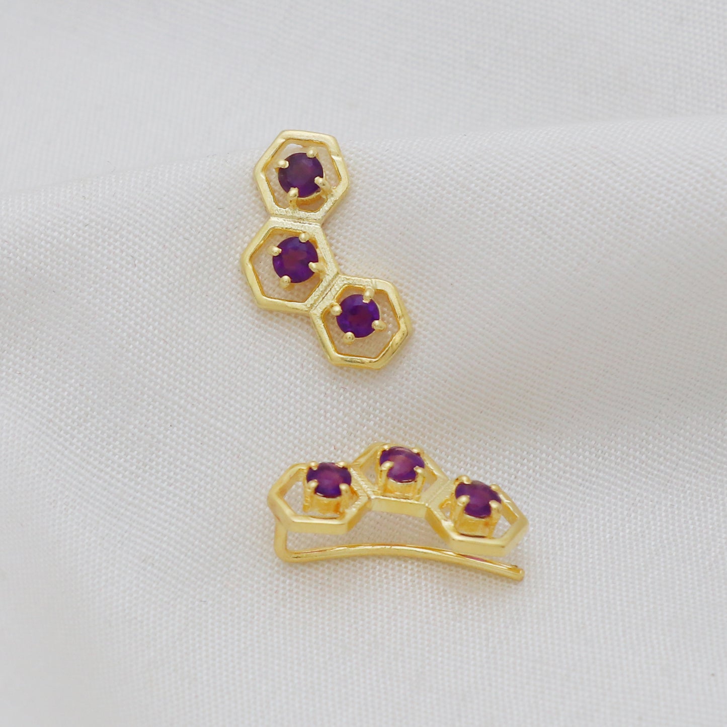 Amethyst gemstone climber earring in 925 gold plated sterling silver