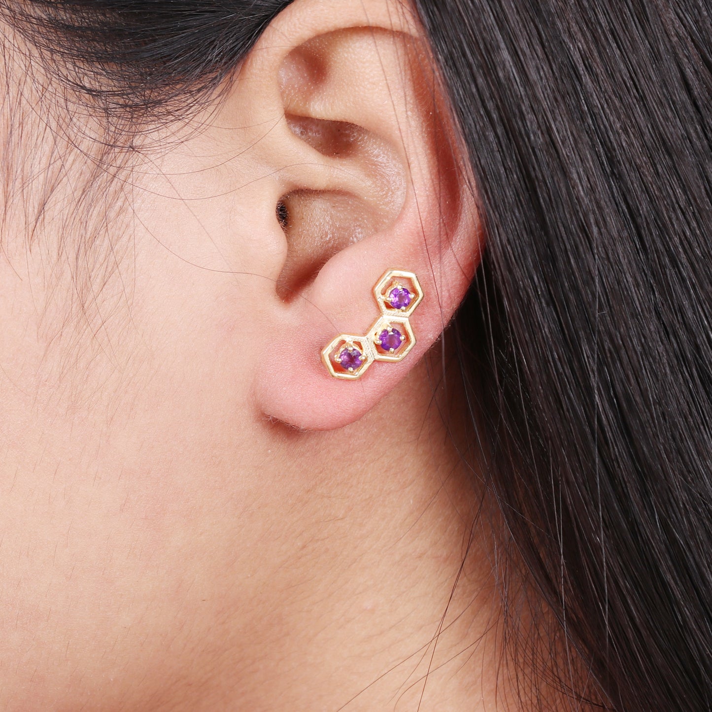 Amethyst gemstone climber earring in 925 gold plated sterling silver