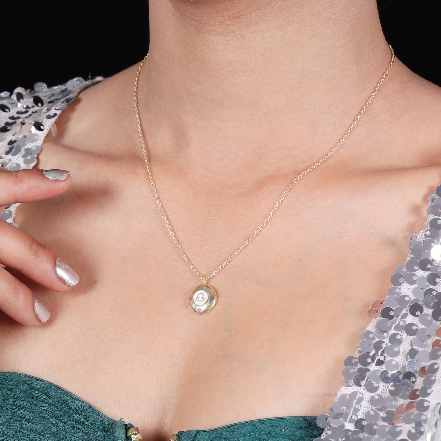 Libra Zodiac Sign chain necklace with white enamel and Pink Tourmaline birthstone in 22k gold plated 925 sterling silver
