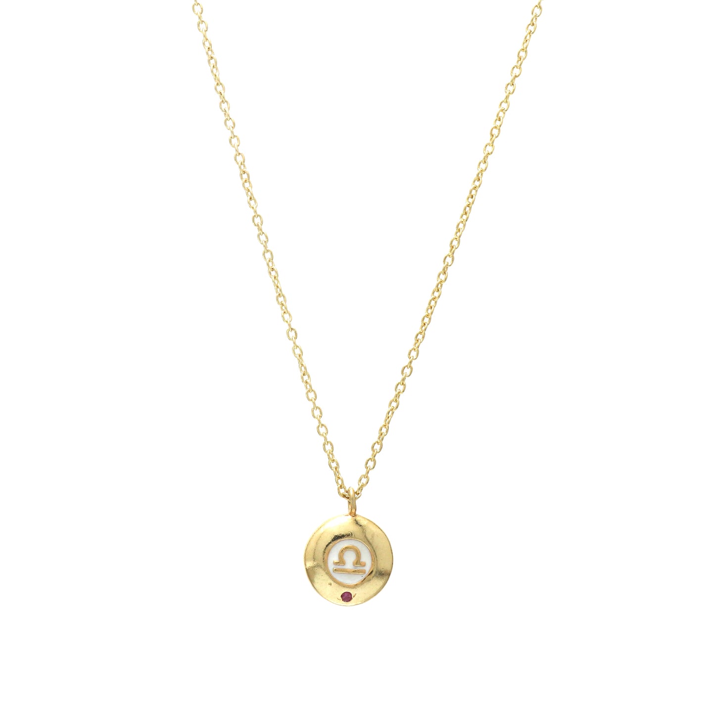 Libra Zodiac Sign chain necklace with white enamel and Pink Tourmaline birthstone in 22k gold plated 925 sterling silver