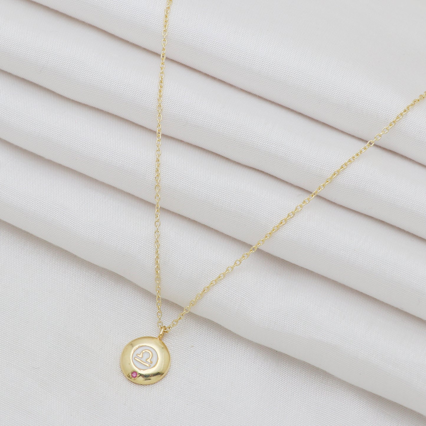 Libra Zodiac Sign chain necklace with white enamel and Pink Tourmaline birthstone in 22k gold plated 925 sterling silver