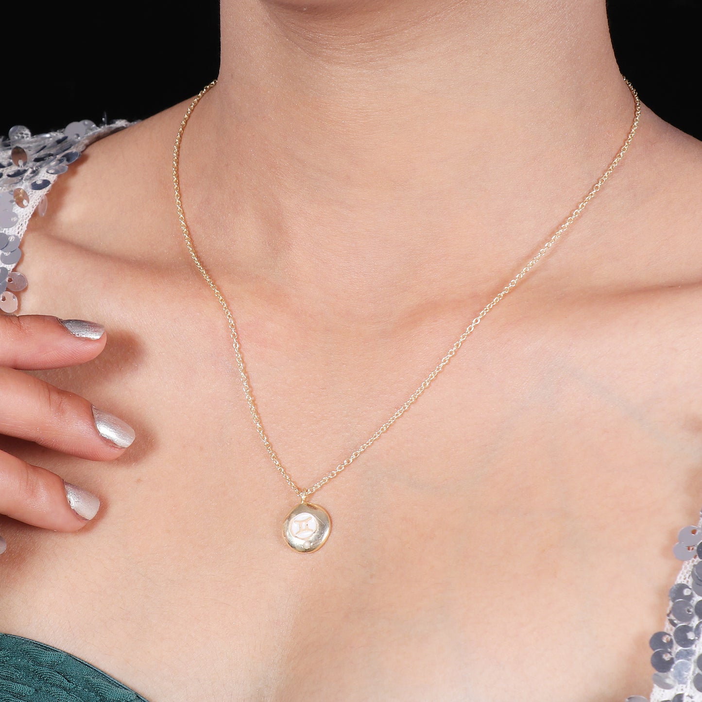 Gemini Zodiac Sign chain necklace with white enamel and Pearl birthstone in 22k gold plated 925 sterling silver