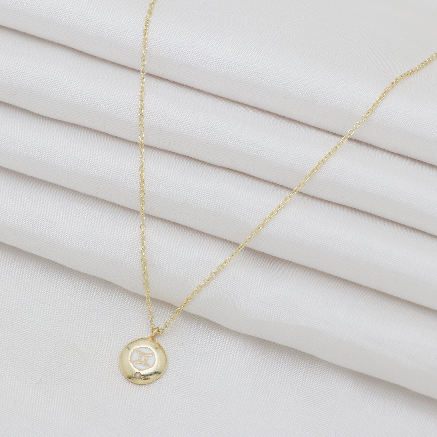 Gemini Zodiac Sign chain necklace with white enamel and Pearl birthstone in 22k gold plated 925 sterling silver