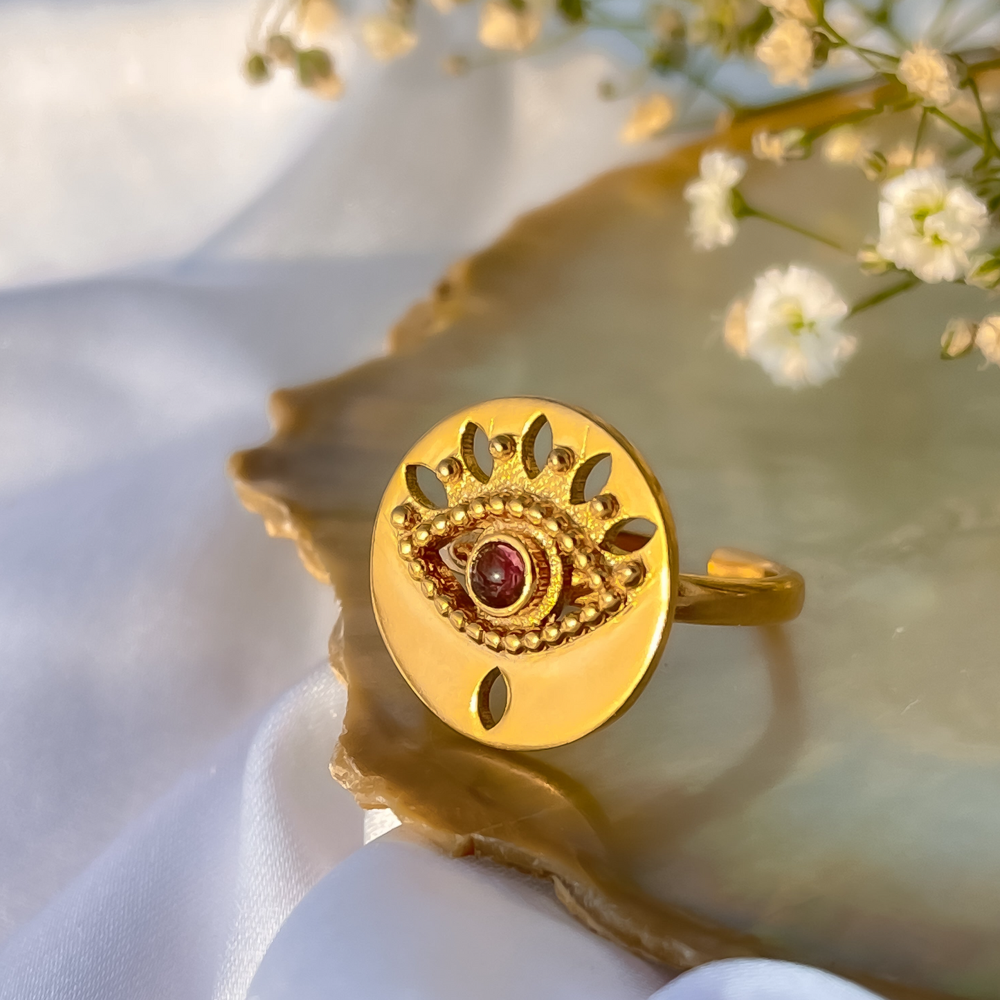 Adjustable Evil Eye ring with Garnet gemstone