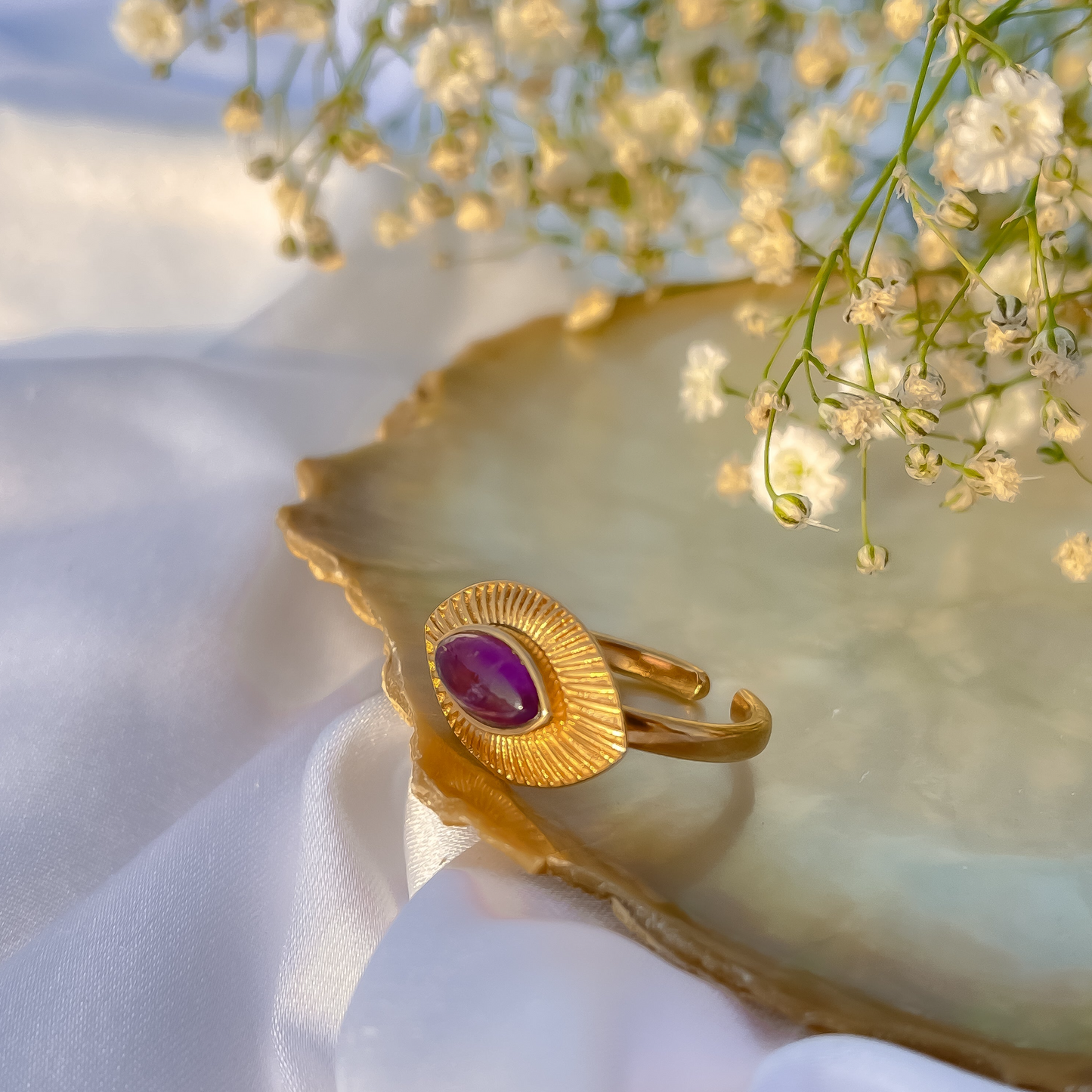 Adjustable Evil Eye ring with Amethyst marquise gemstone