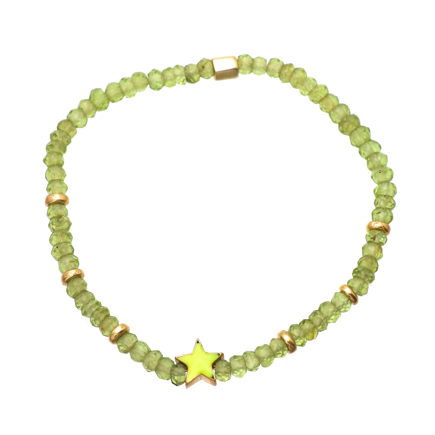 Peridot star charm stretch bracelet with green enamel in gold plated 925 sterling silver.