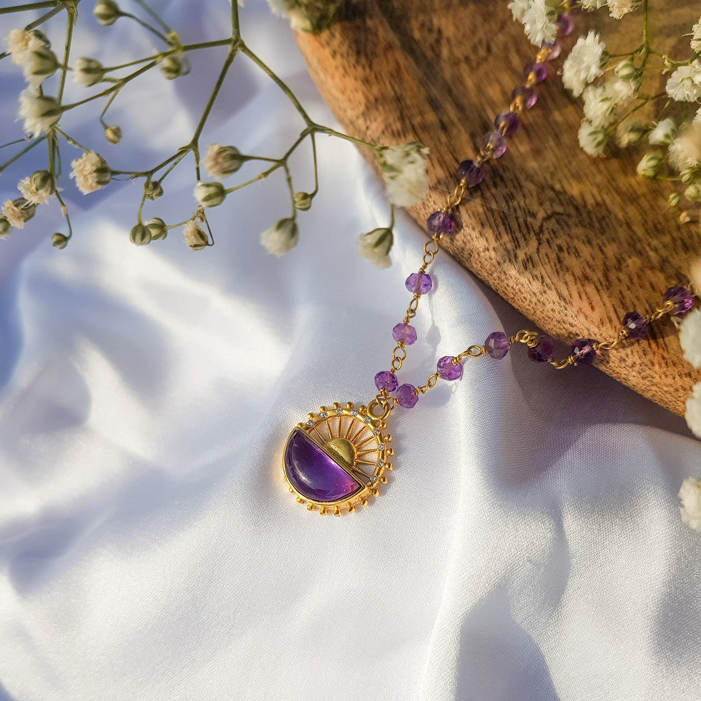 Amethyst beaded necklace with sun charm in 22k gold plated 925 sterling silver and zircon stones