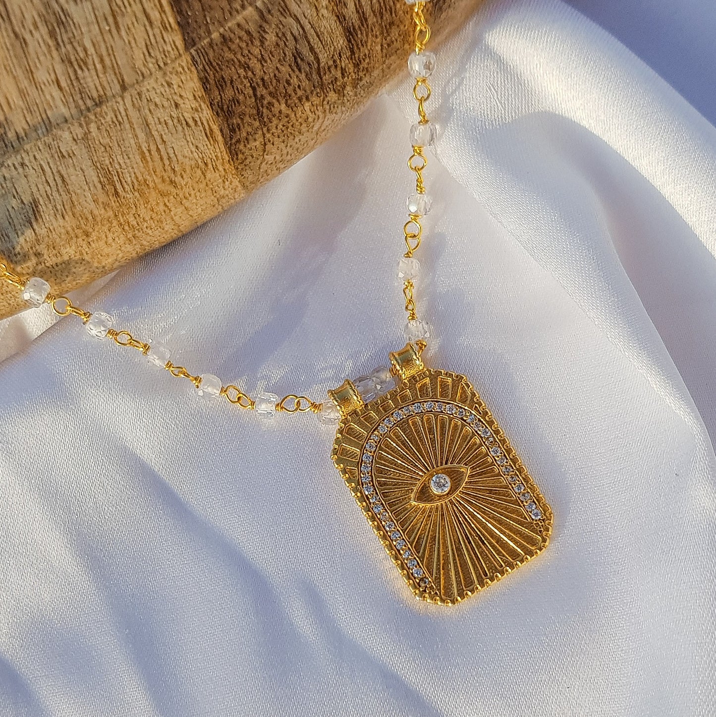 Clear Quartz beaded necklace with Evil Eye Tarot Card charm and zircon stones in 22k gold plated 925 sterling silver