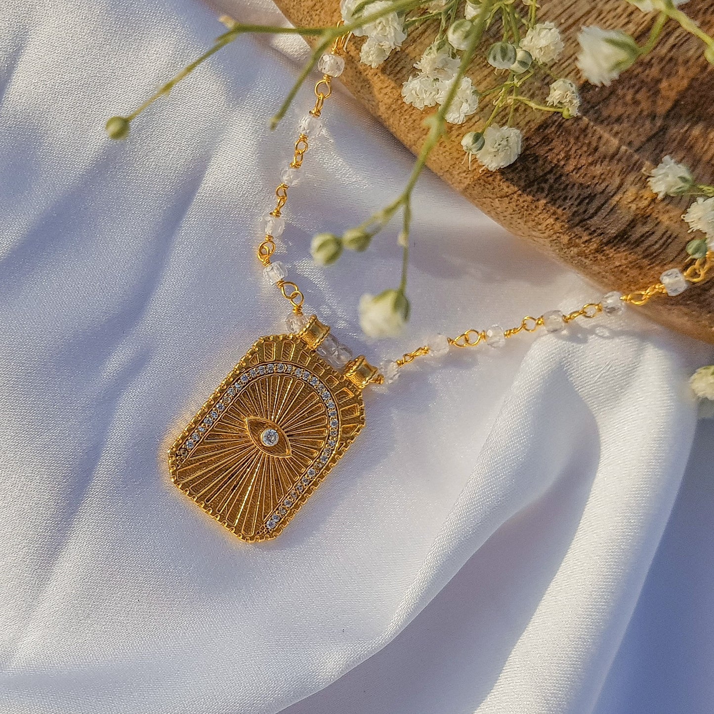 Clear Quartz beaded necklace with Evil Eye Tarot Card charm and zircon stones in 22k gold plated 925 sterling silver