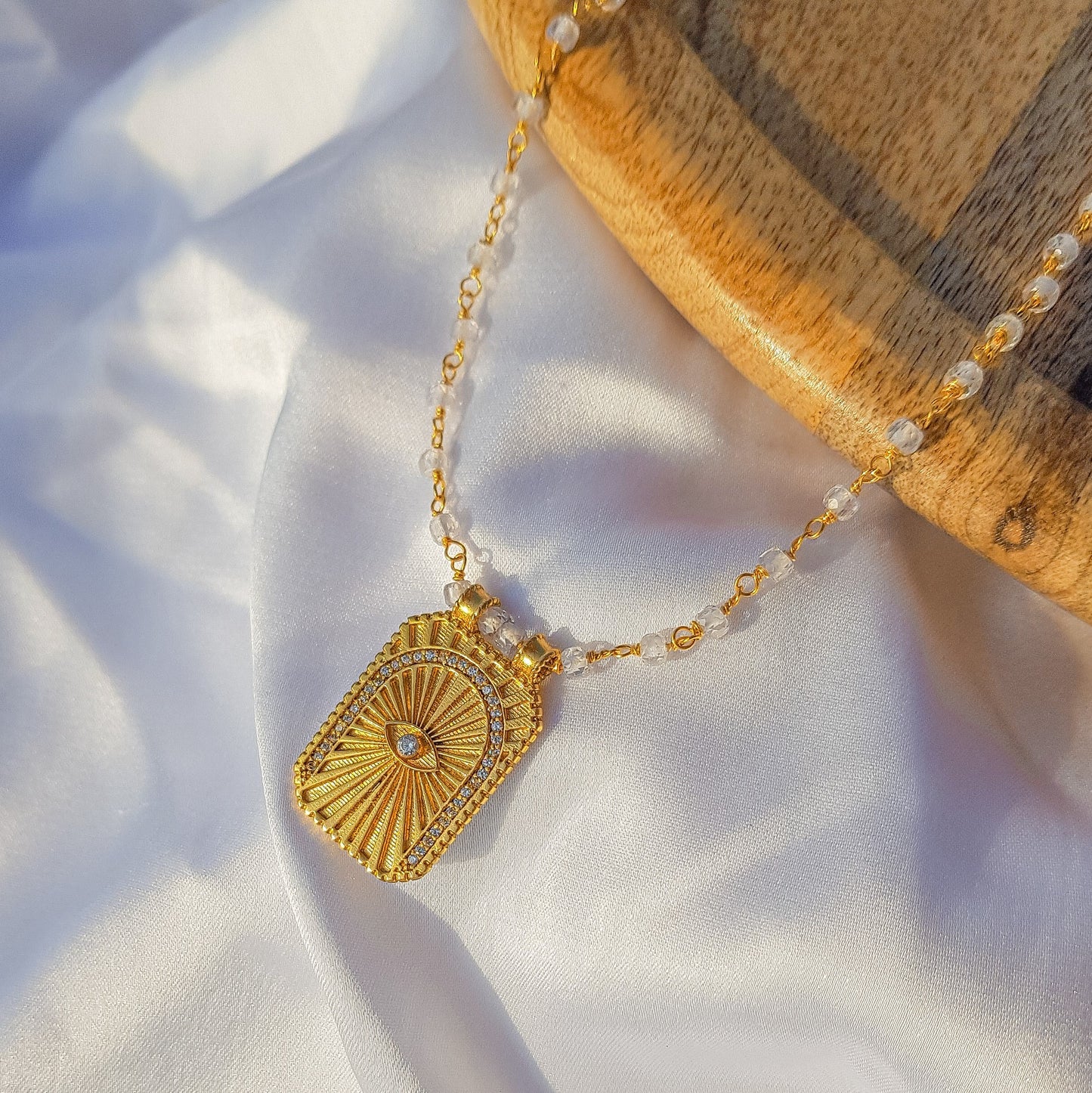 Clear Quartz beaded necklace with Evil Eye Tarot Card charm and zircon stones in 22k gold plated 925 sterling silver