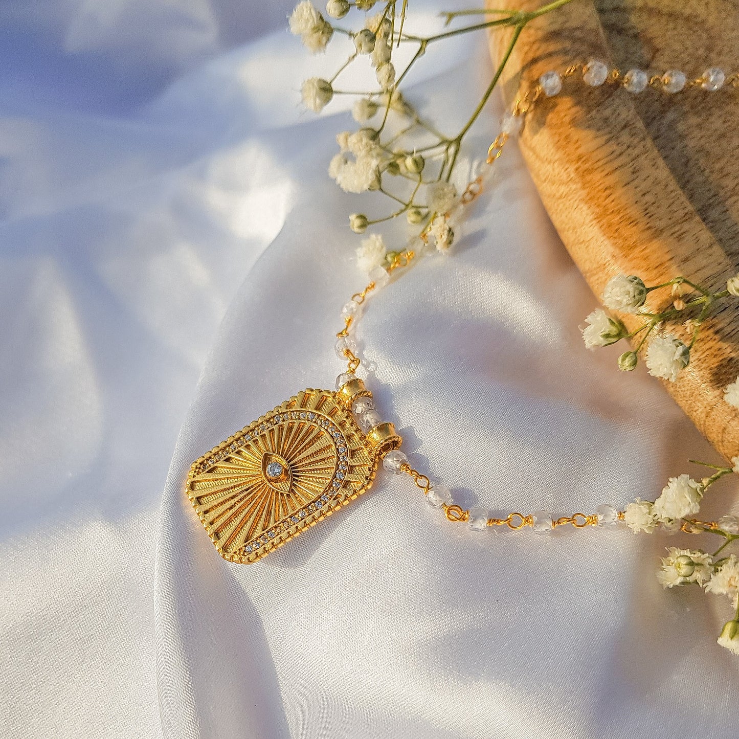 Clear Quartz beaded necklace with Evil Eye Tarot Card charm and zircon stones in 22k gold plated 925 sterling silver
