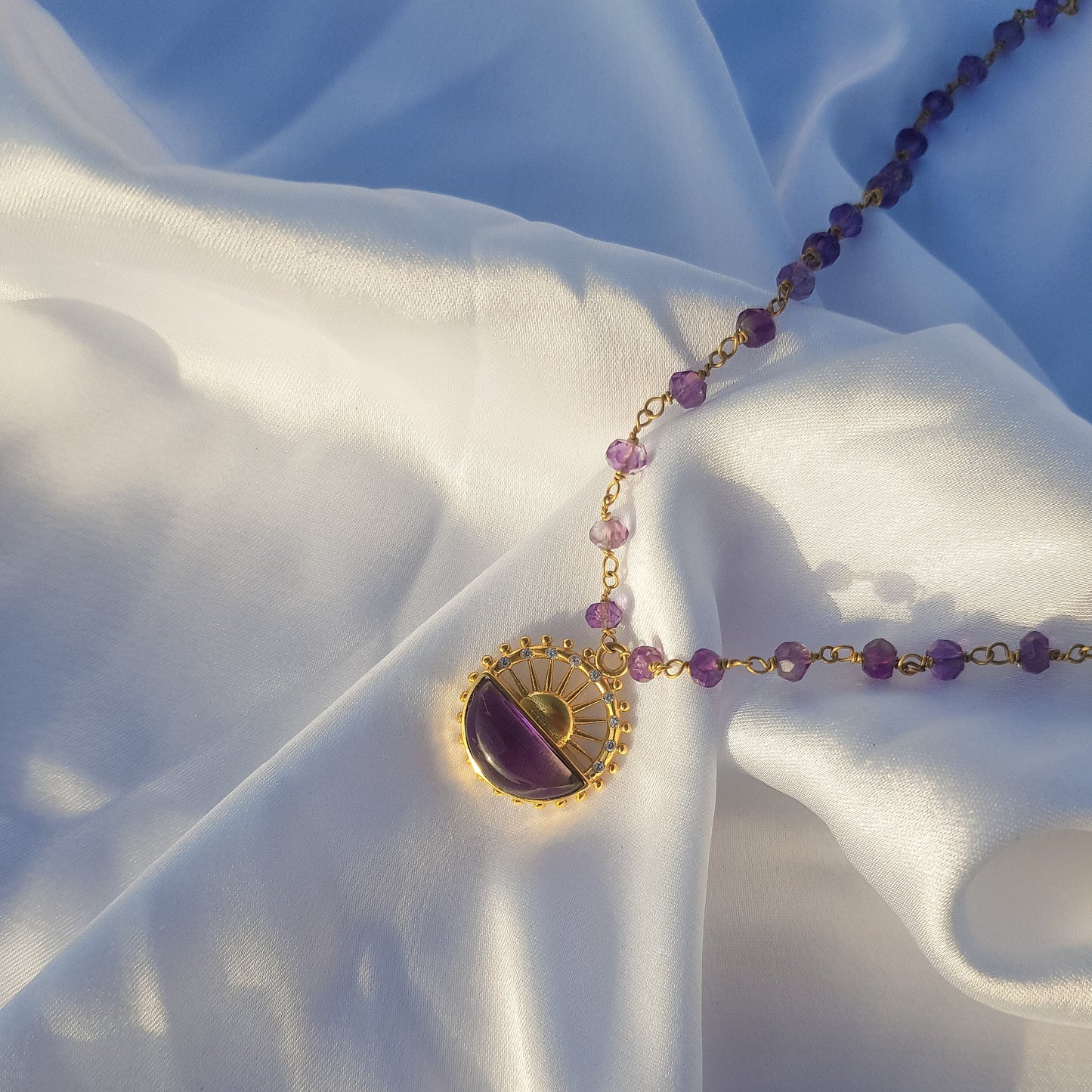 Amethyst beaded necklace with sun charm in 22k gold plated 925 sterling silver and zircon stones
