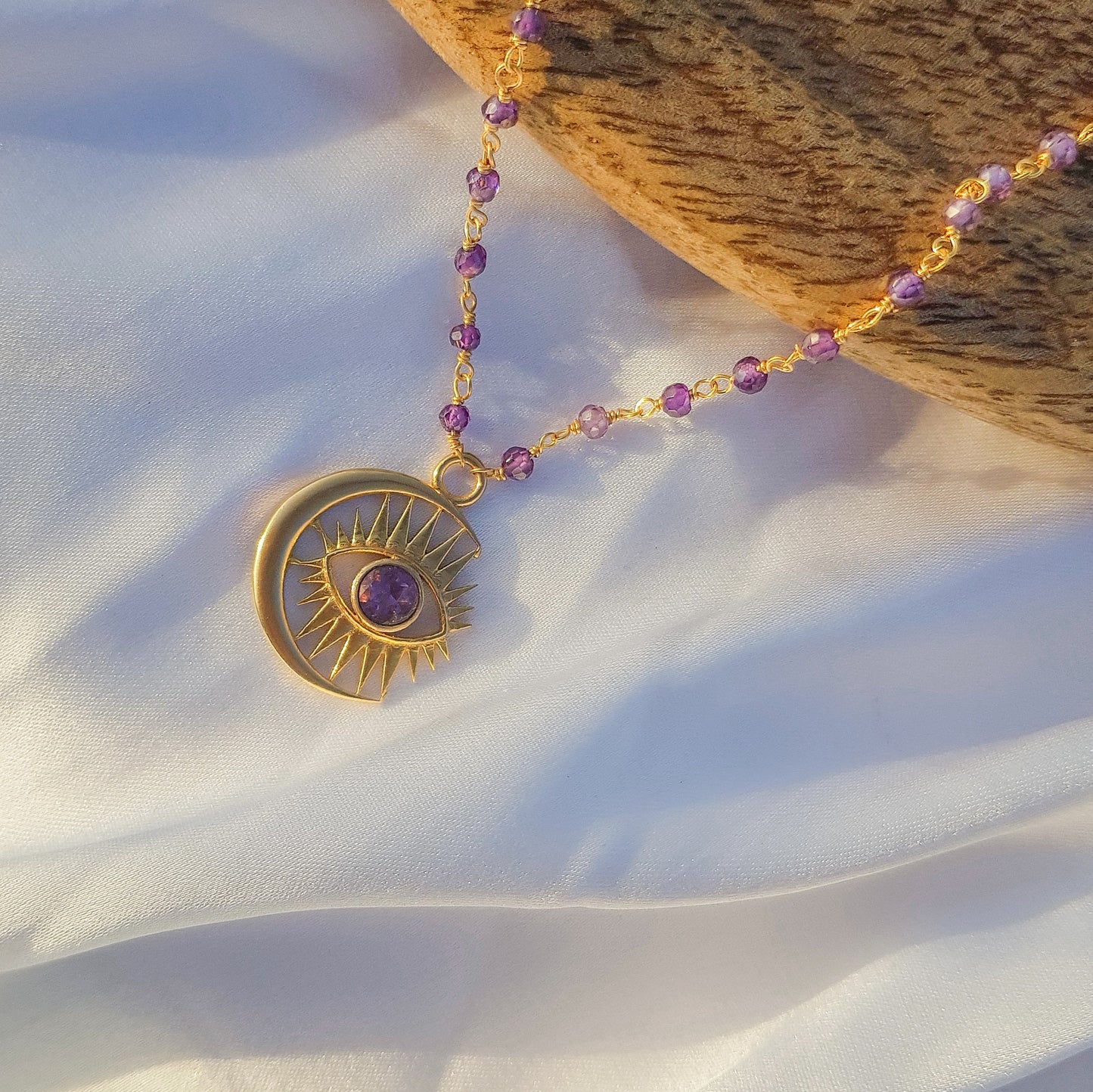 Amethyst beaded necklace with Evil Eye Crescent Moon charm in 22k gold plated 925 sterling silver