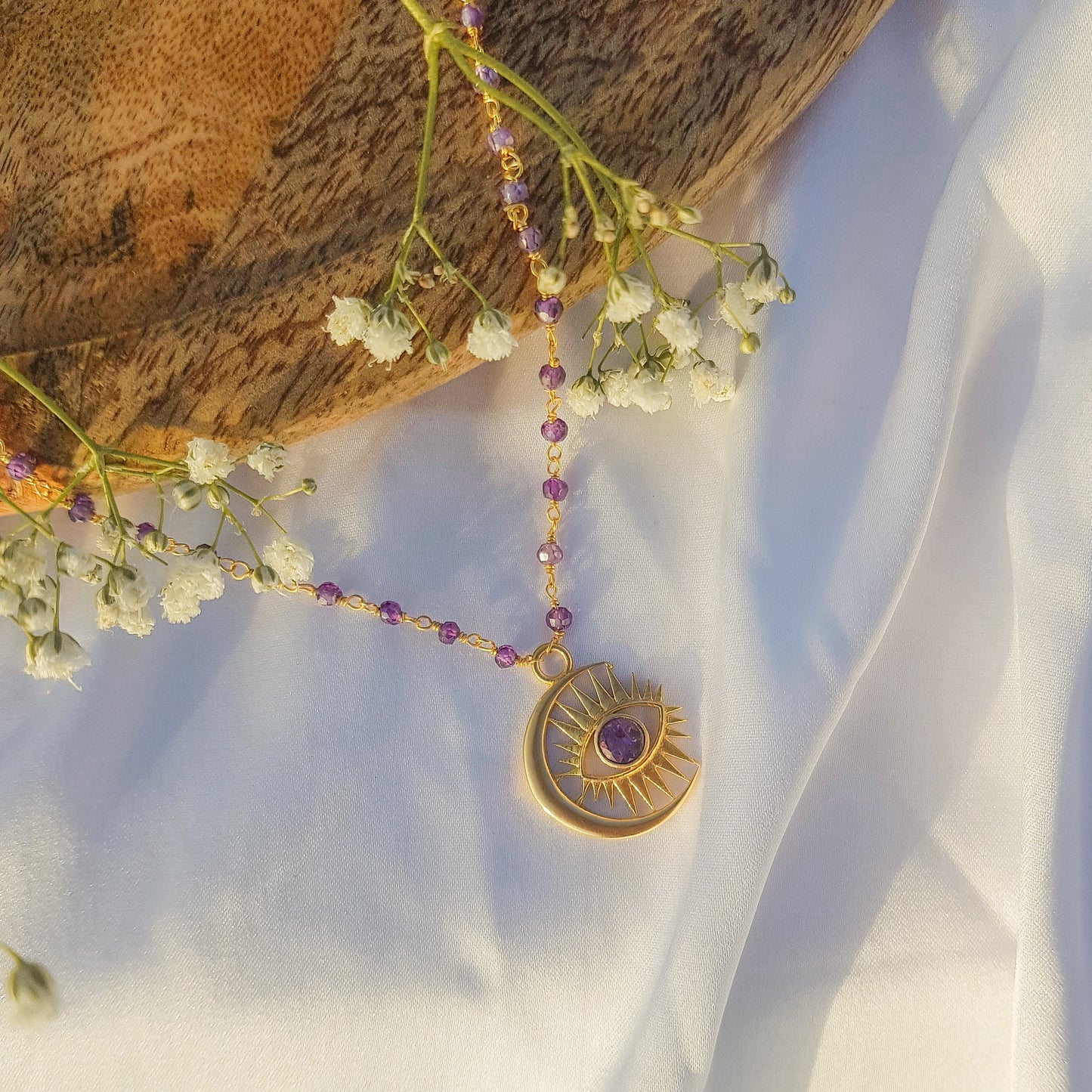 Amethyst beaded necklace with Evil Eye Crescent Moon charm in 22k gold plated 925 sterling silver