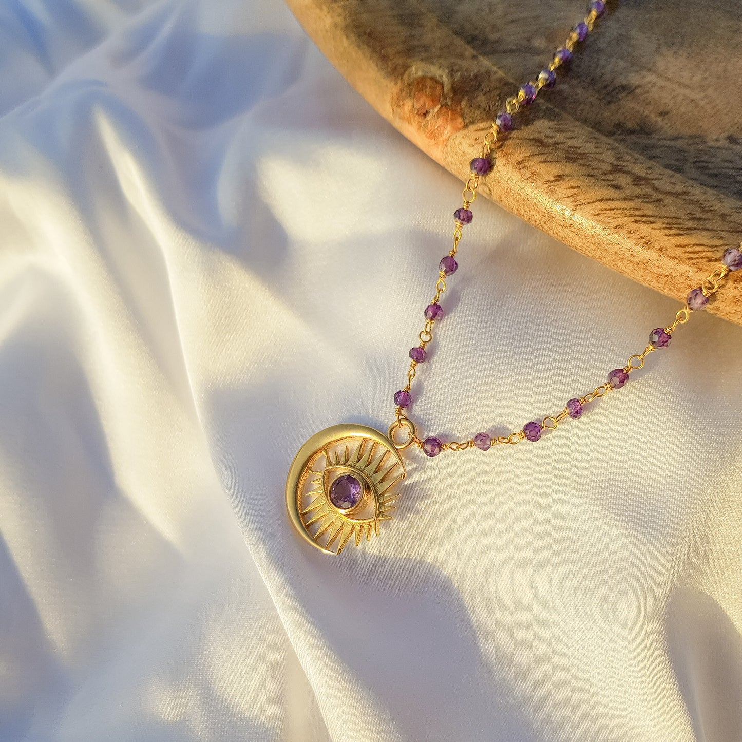 Amethyst beaded necklace with Evil Eye Crescent Moon charm in 22k gold plated 925 sterling silver