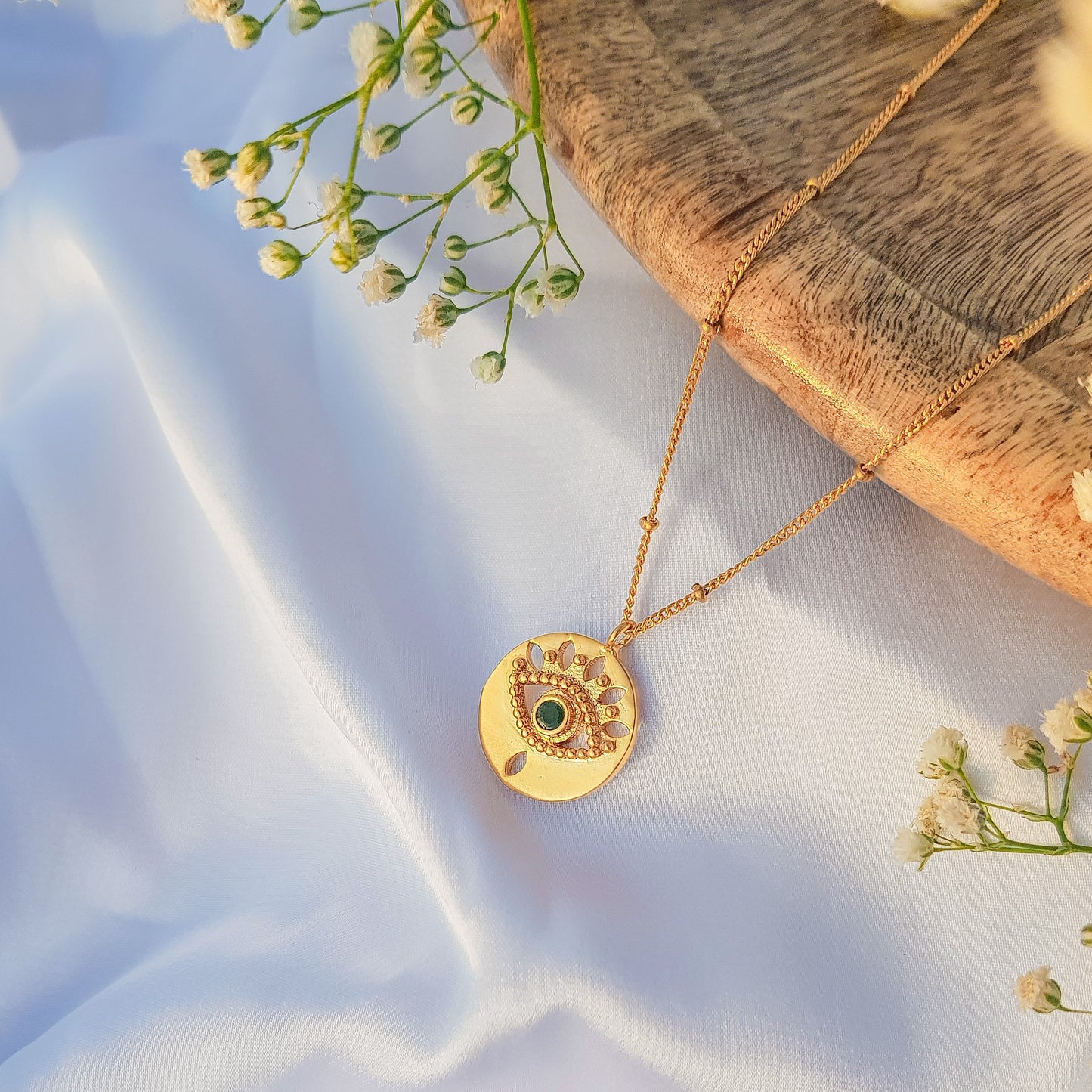Evil Eye ball chain necklace with pearl, emerald, zircon and amethyst in 22k gold plated 925 sterling silver