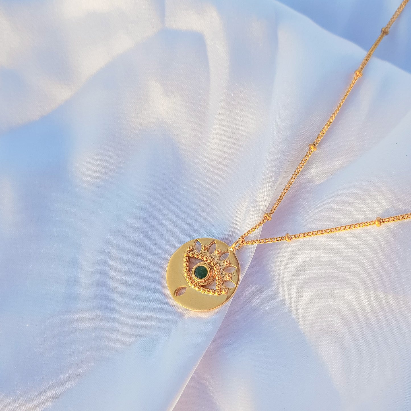 Evil Eye ball chain necklace with pearl, emerald, zircon and amethyst in 22k gold plated 925 sterling silver