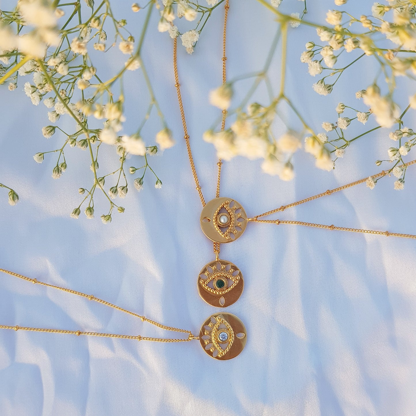 Evil Eye ball chain necklace with pearl, emerald, zircon and amethyst in 22k gold plated 925 sterling silver