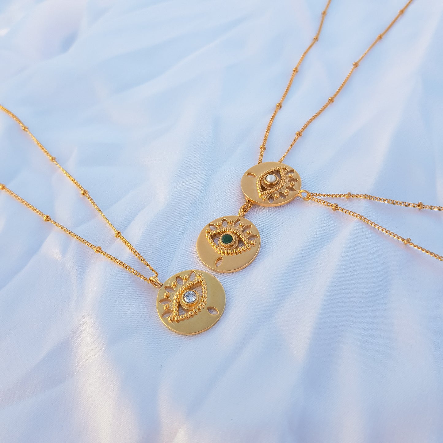 Evil Eye ball chain necklace with pearl, emerald, zircon and amethyst in 22k gold plated 925 sterling silver