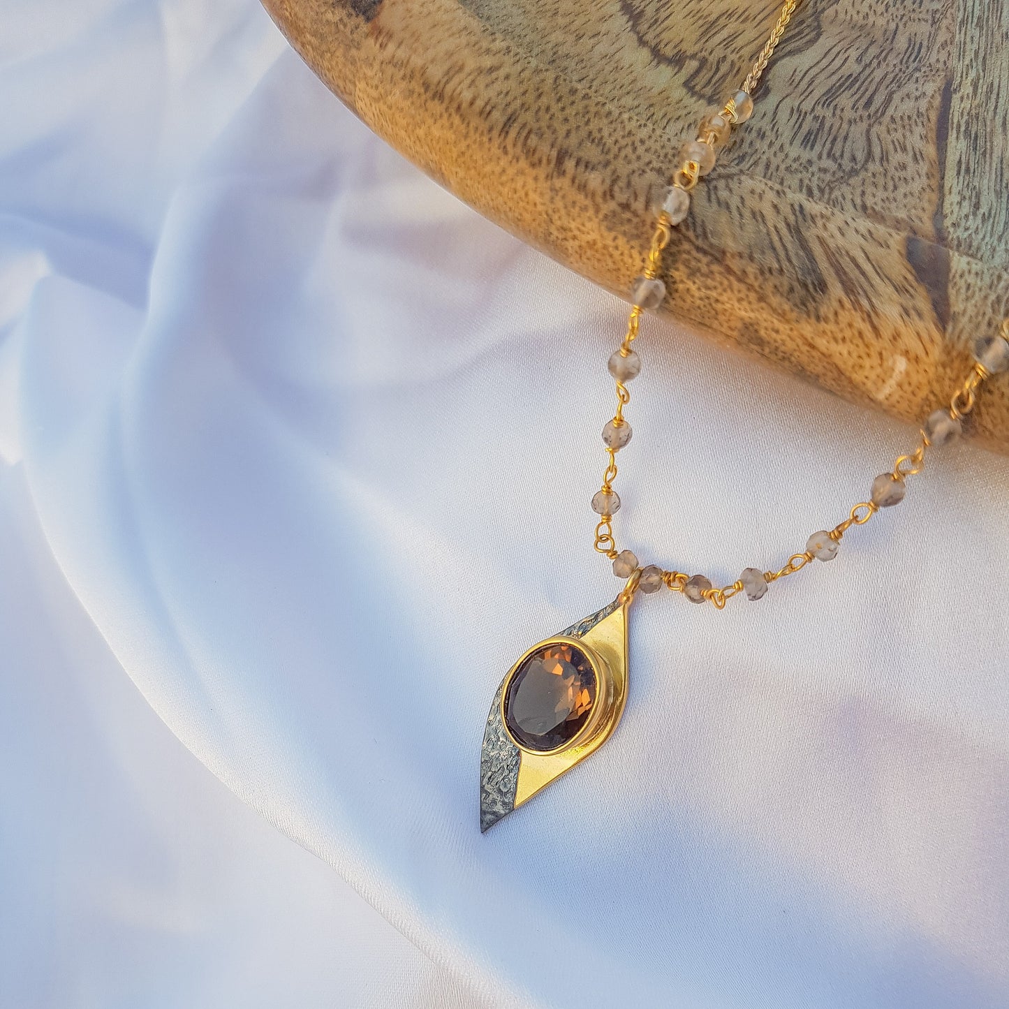 Smoky Quartz beaded necklace in two tone black rhodium and 22k gold plated 925 sterling silver