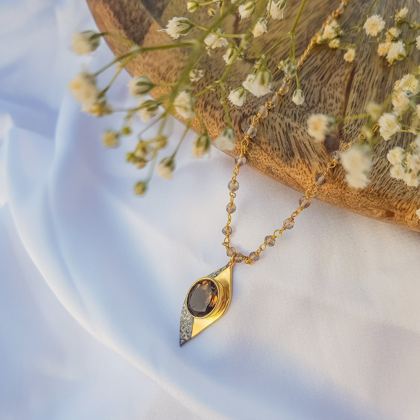 Smoky Quartz beaded necklace in two tone black rhodium and 22k gold plated 925 sterling silver